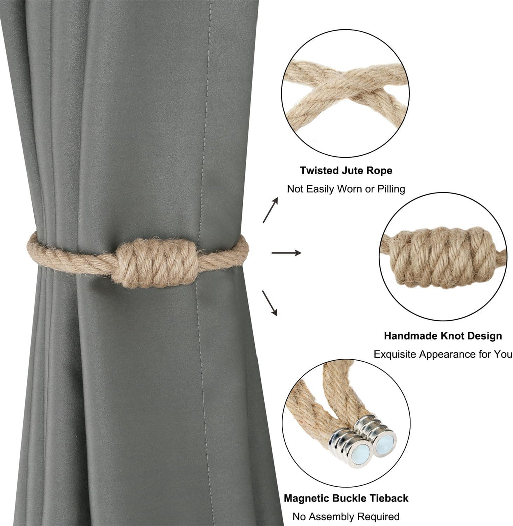 BEL AVENIR Magnetic Jute Curtain Tiebacks, Decorative Drapery Holdbacks Bohemian Style Woven Tie-Backs with Exquisite Knot (Jute, 2 Pack)