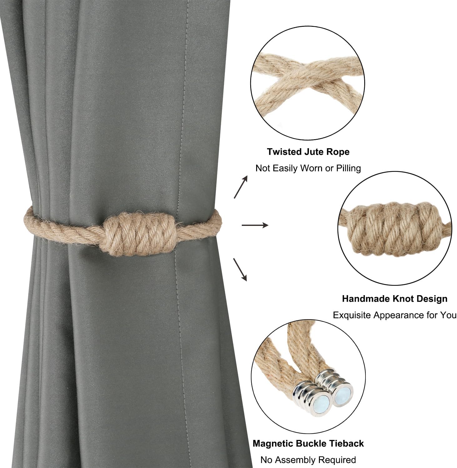BEL AVENIR Magnetic Jute Curtain Tiebacks, Decorative Drapery Holdbacks Bohemian Style Woven Tie-Backs with Exquisite Knot (Jute, 2 Pack)