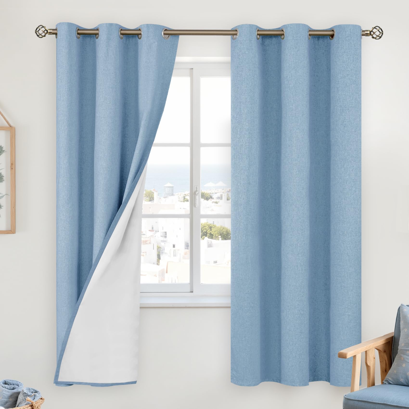 YoungsTex Linen Blackout Curtains 63 Inches Long for Bedroom, Room Darkening Window Drapes with Grommet Thermal Insulated Black Out for Living Room, 2 Panels, 52 X 63 Inch