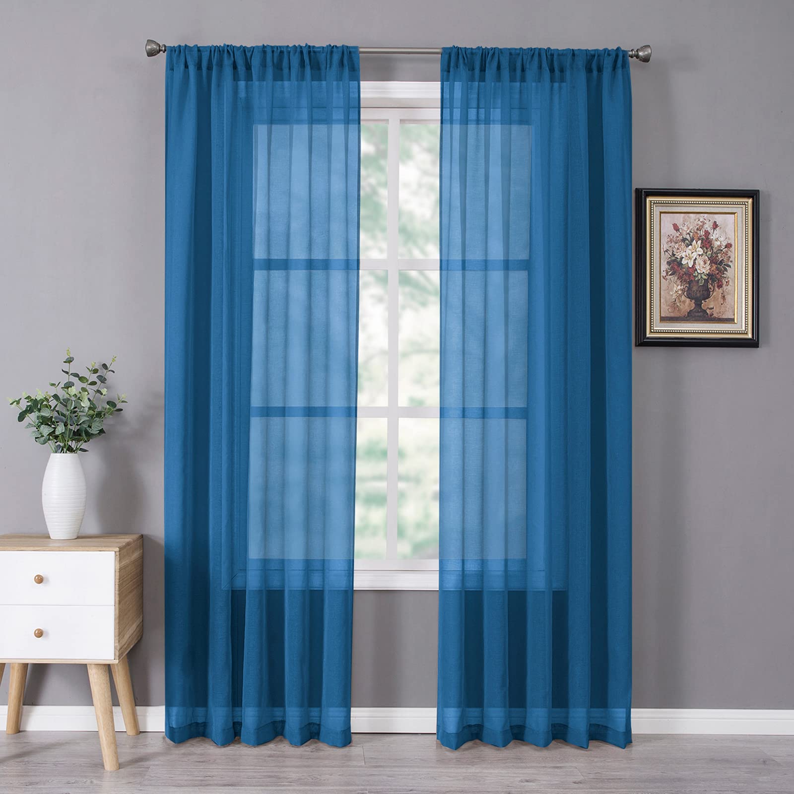 Tollpiz Short Sheer Curtains Linen Textured Bedroom Curtain Sheers Light Filtering Rod Pocket Voile Curtains for Living Room, 54 x 45 inches Long, White, Set of 2 Panels