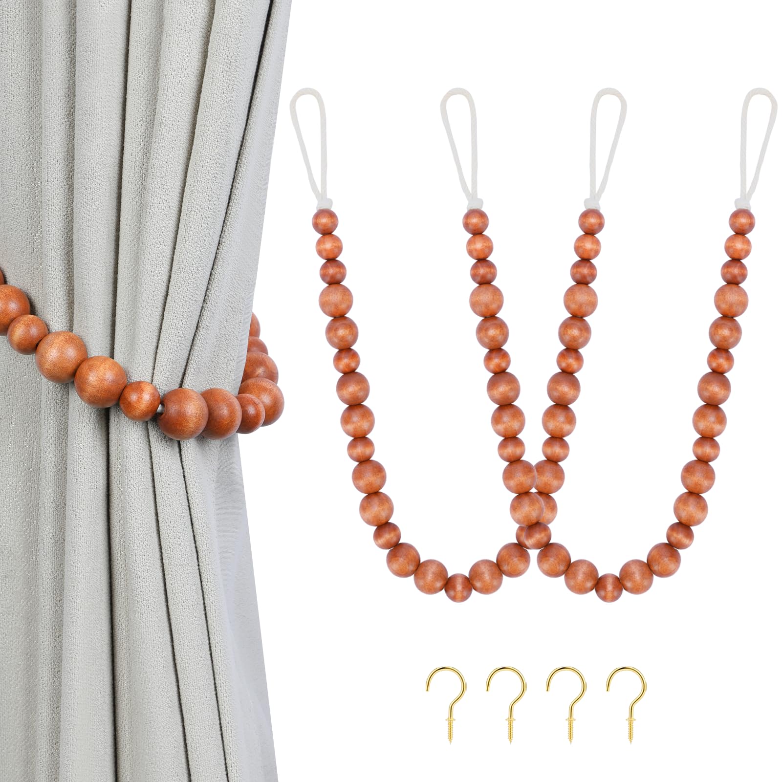 Wood Bead Curtain Tiebacks, KLOGTSIND Set of 2 Curtain Holdbacks for Thin or Thick Window Draperies, Boho Farmhouse Curtain Tiebacks with Hooks, Curtain Tie Backs for Home Office Room Decor