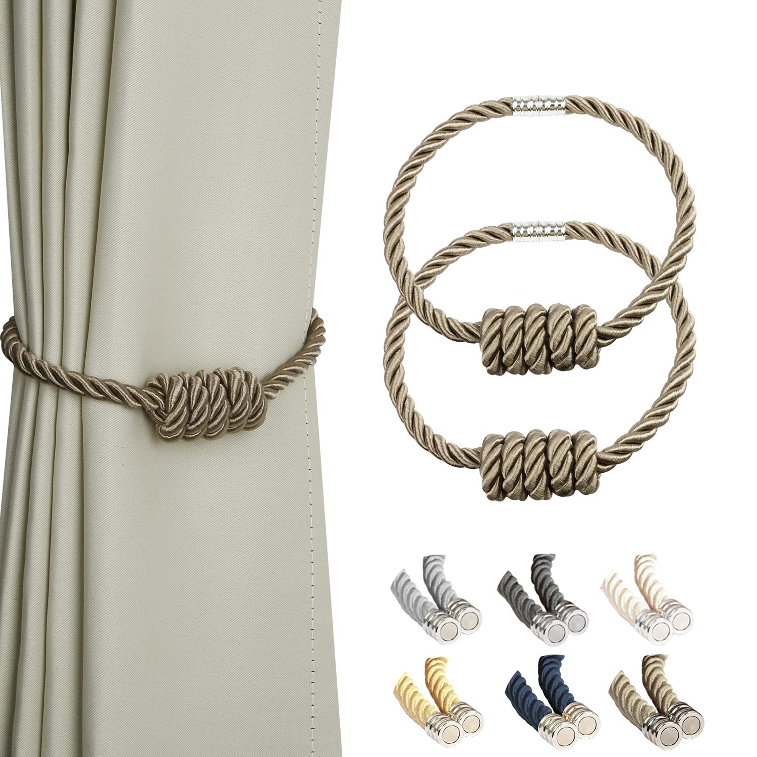 BEL AVENIR Magnetic Jute Curtain Tiebacks, Decorative Drapery Holdbacks Bohemian Style Woven Tie-Backs with Exquisite Knot (Jute, 2 Pack)