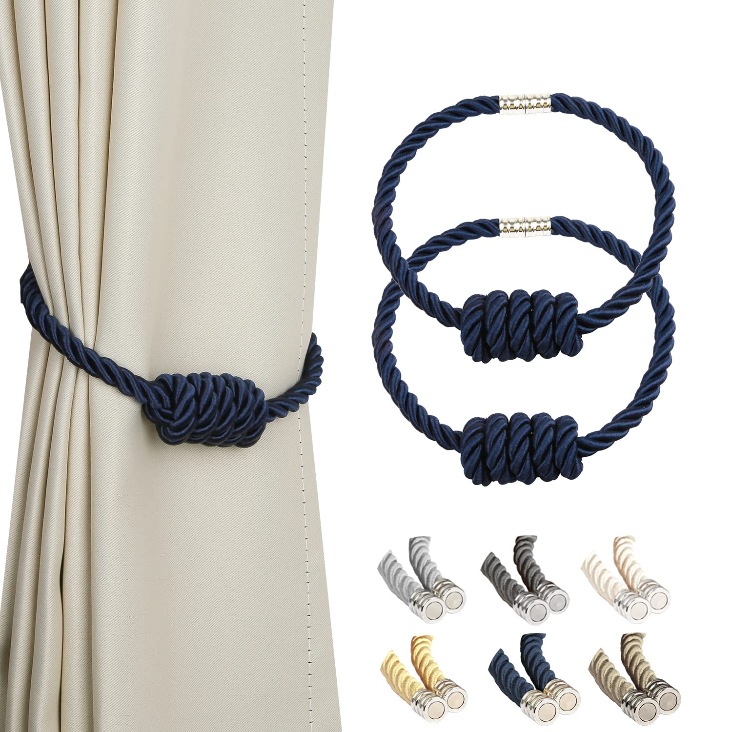 BEL AVENIR Magnetic Jute Curtain Tiebacks, Decorative Drapery Holdbacks Bohemian Style Woven Tie-Backs with Exquisite Knot (Jute, 2 Pack)