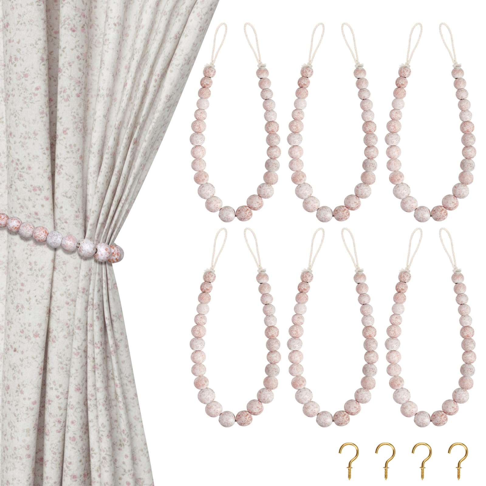 Hion 2 Pcs Boho Curtain Tiebacks,Wood Beads Curtain Holdbacks,Outdoor Farmhouse Tie Backs for Curtains,Curtain Holders for Drapes Home Office Decor with Hooks(Wood Color)