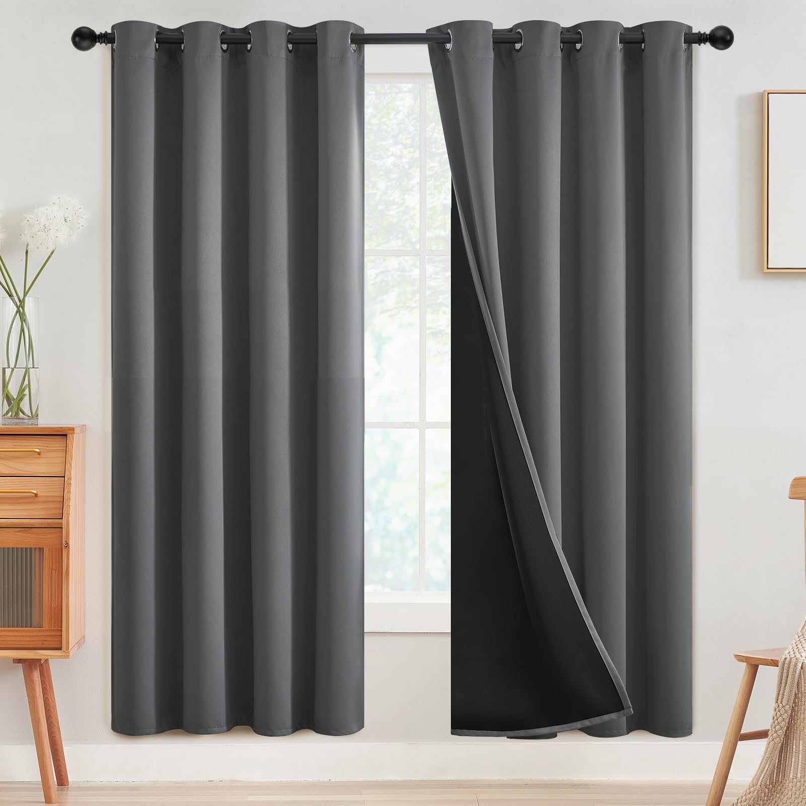SimpleHome 100% Blackout Curtains for Bedroom,Thermal Insulated Grommet Window Drapes Room Darkening Cream Curtains for Living Room with Black Back,52 x 84 Inch,2 Panels