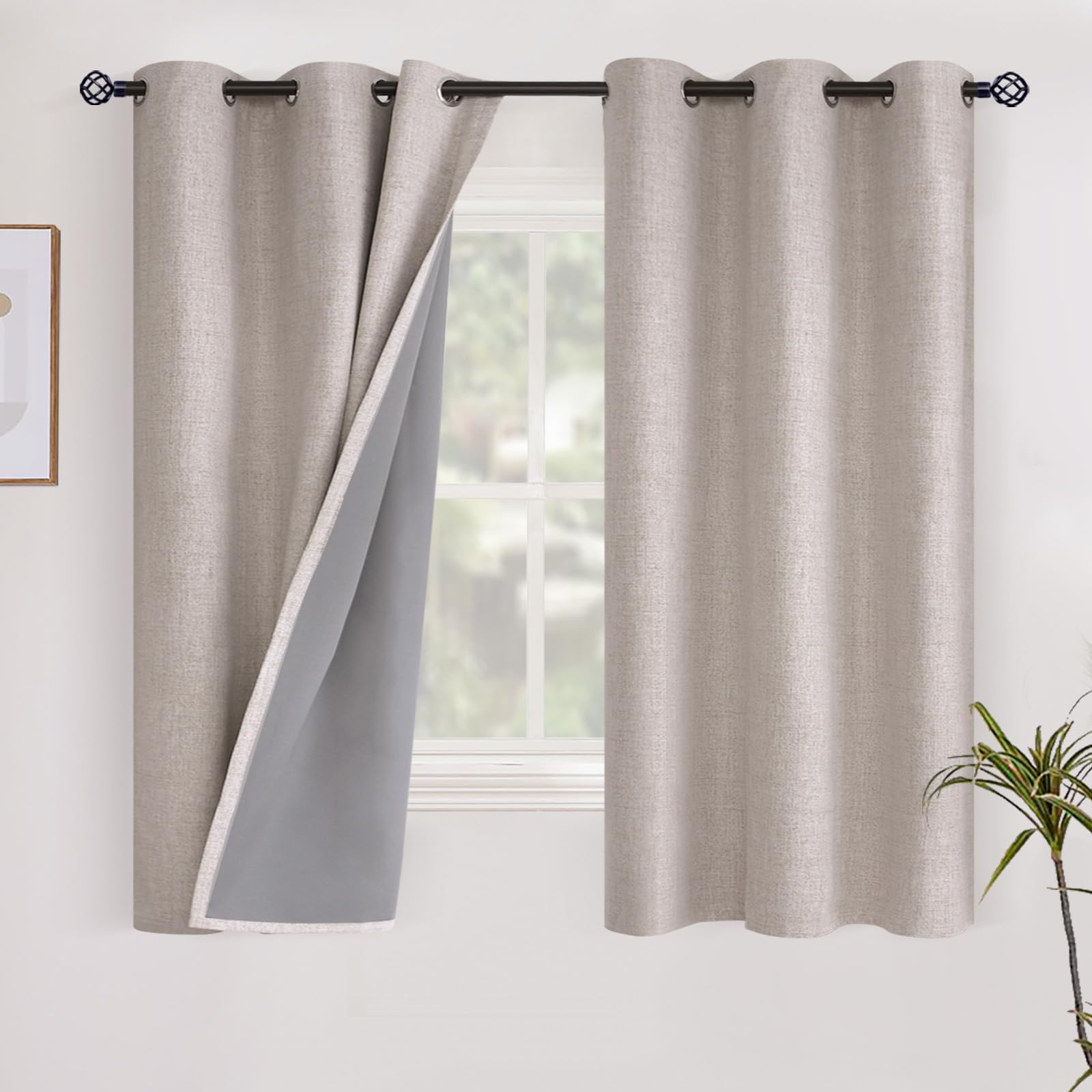 YoungsTex Linen Blackout Curtains 63 Inch Length for Bedroom, Room Darkening Window Drapes with Grommet Thermal Insulated Black Out Blinds for Living Room, 2 Panels, 52 X 63 Inch, Beige