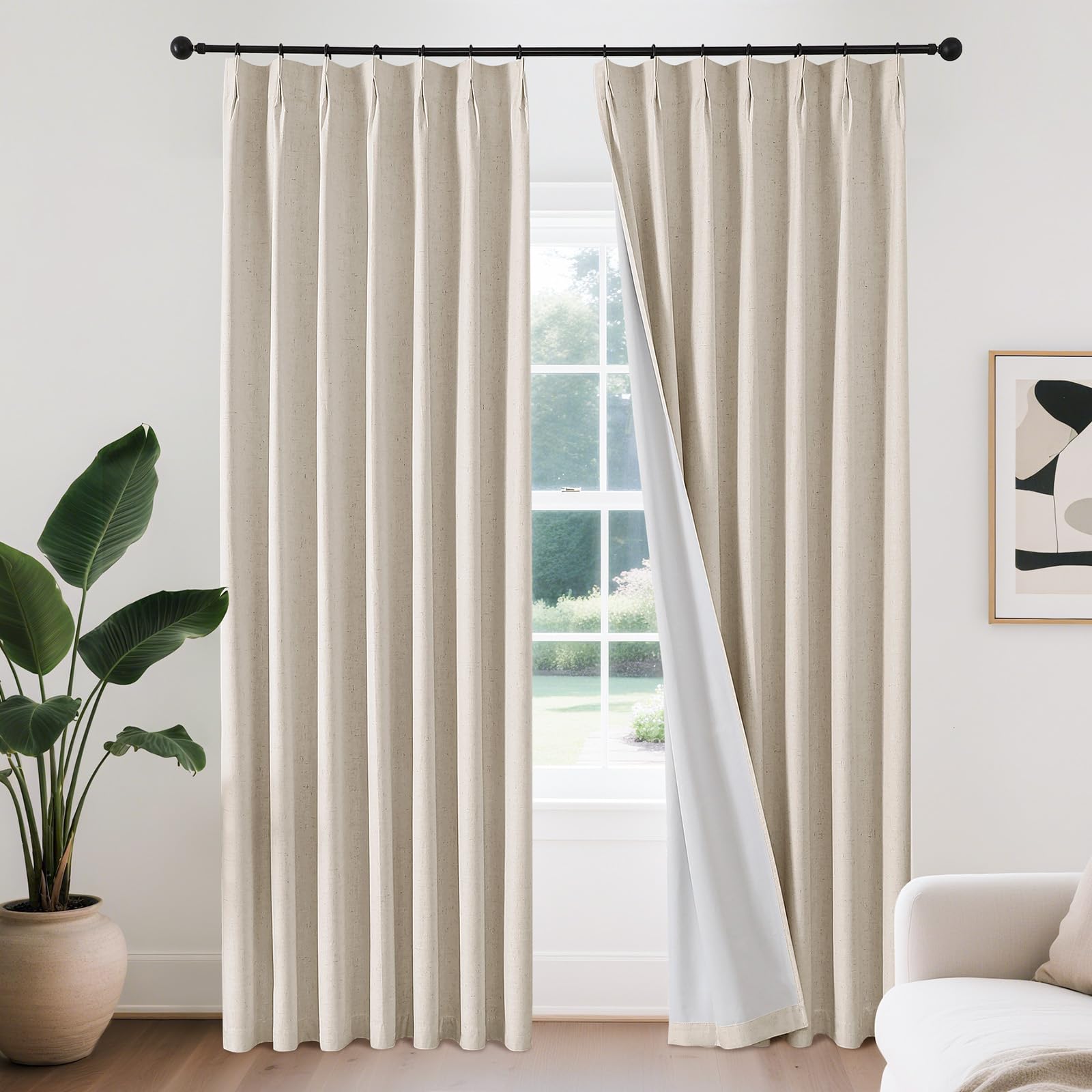 Joydeco Curtains, 108 Inches Long, 2 Panels Set, Farmhouse Drapes for Living Room, Semi-Blackout, Linen-Polyester, Ivory on Linen, Rod Pocket