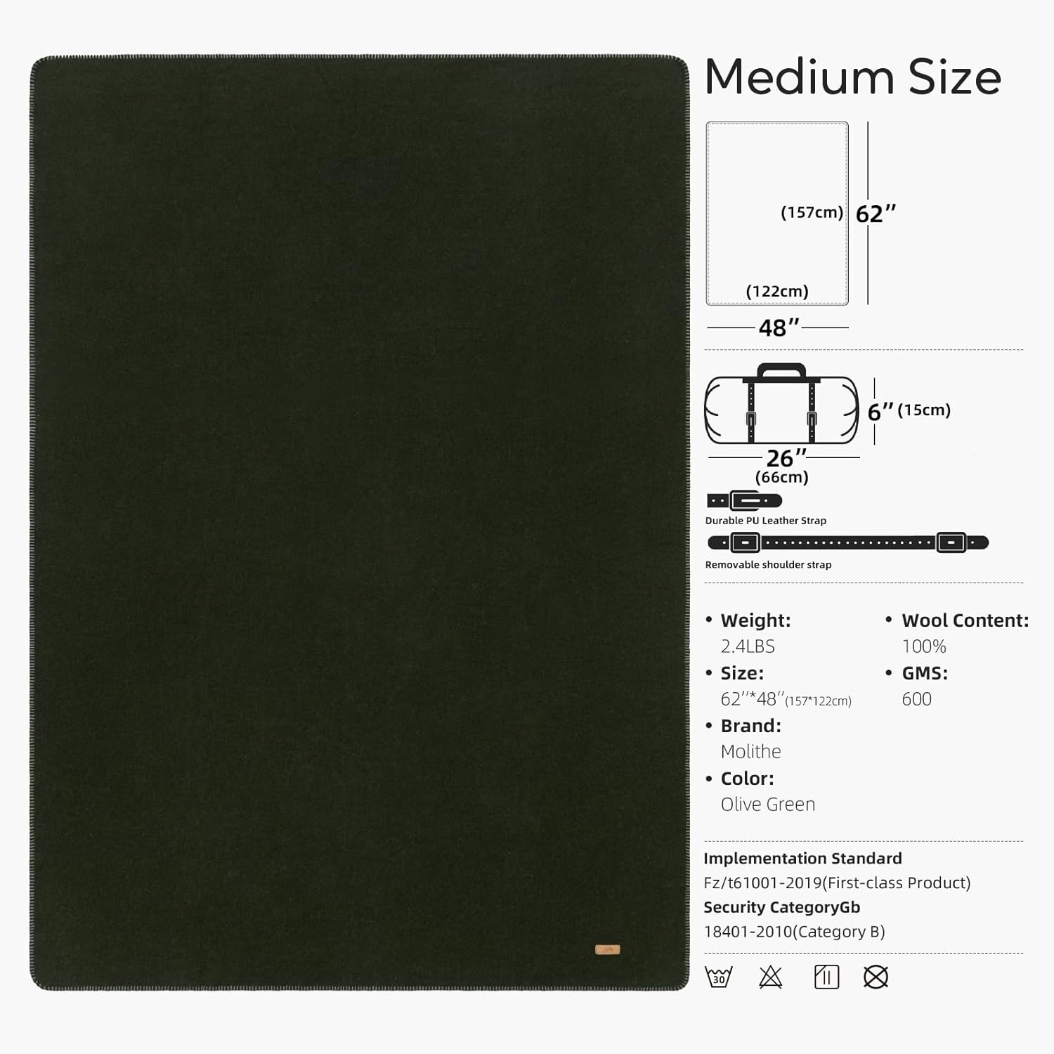 Molithe 100% Wool Blanket, 48" x 62", Warm, Thick, Washable, Military Wool Blanket, Great for Camping, Outdoors, Sporting Events, Survival Kits，Olive Green
