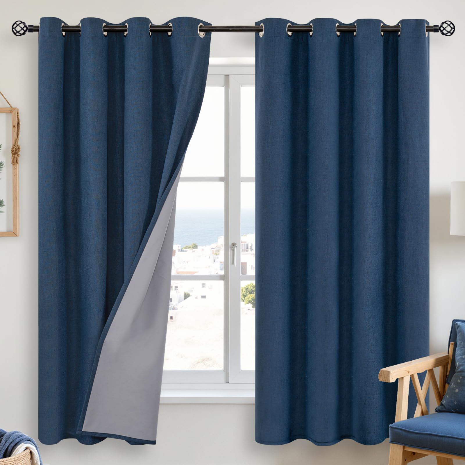 YoungsTex Linen Blackout Curtains 63 Inch Length for Bedroom, Room Darkening Window Drapes with Grommet Thermal Insulated Black Out Blinds for Living Room, 2 Panels, 52 X 63 Inch, Beige
