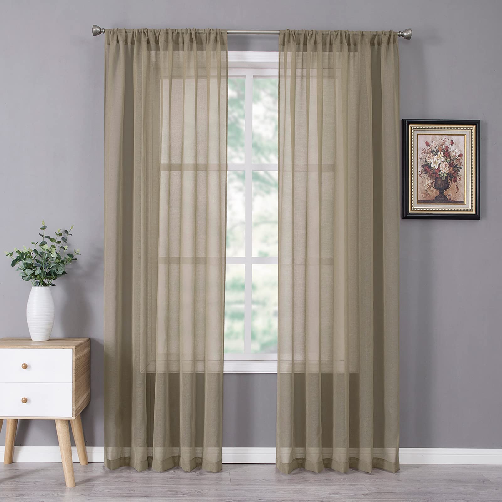 Tollpiz Short Sheer Curtains Linen Textured Bedroom Curtain Sheers Light Filtering Rod Pocket Voile Curtains for Living Room, 54 x 45 inches Long, White, Set of 2 Panels