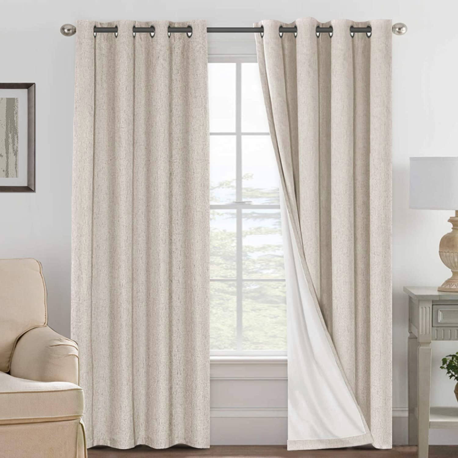 H.VERSAILTEX 100% Blackout Curtains Ivory, Linen Blackout Curtains 96 inch Curtains 2 Panel Set, Elegant Curtain for Bedroom Grommet Drapes for Living Room