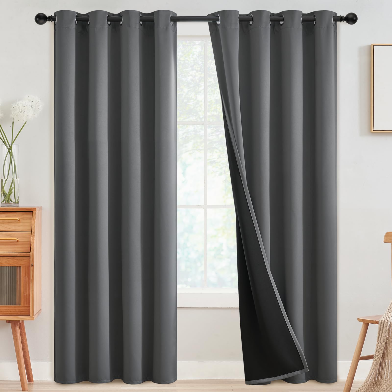 SimpleHome 100% Blackout Curtains for Bedroom,Thermal Insulated Grommet Window Drapes Room Darkening Cream Curtains for Living Room with Black Back,52 x 84 Inch,2 Panels