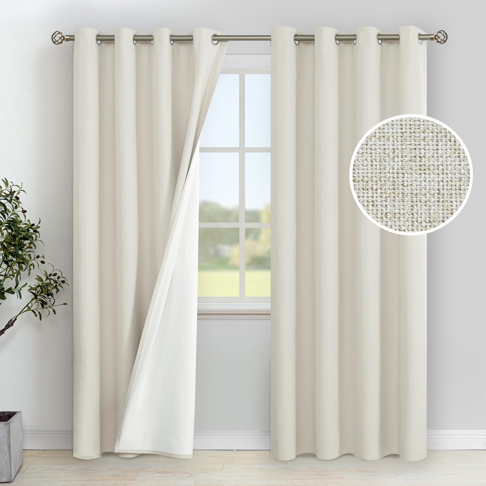 YoungsTex Linen Blackout Curtains 63 Inches Long for Bedroom, Room Darkening Window Drapes with Grommet Thermal Insulated Black Out for Living Room, 2 Panels, 52 X 63 Inch