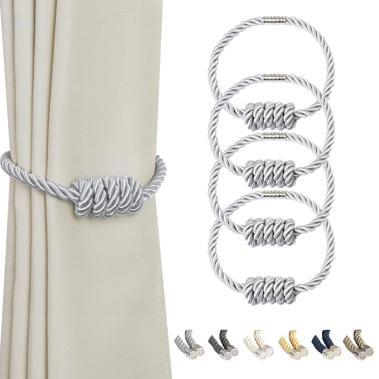 BEL AVENIR Magnetic Jute Curtain Tiebacks, Decorative Drapery Holdbacks Bohemian Style Woven Tie-Backs with Exquisite Knot (Jute, 2 Pack)
