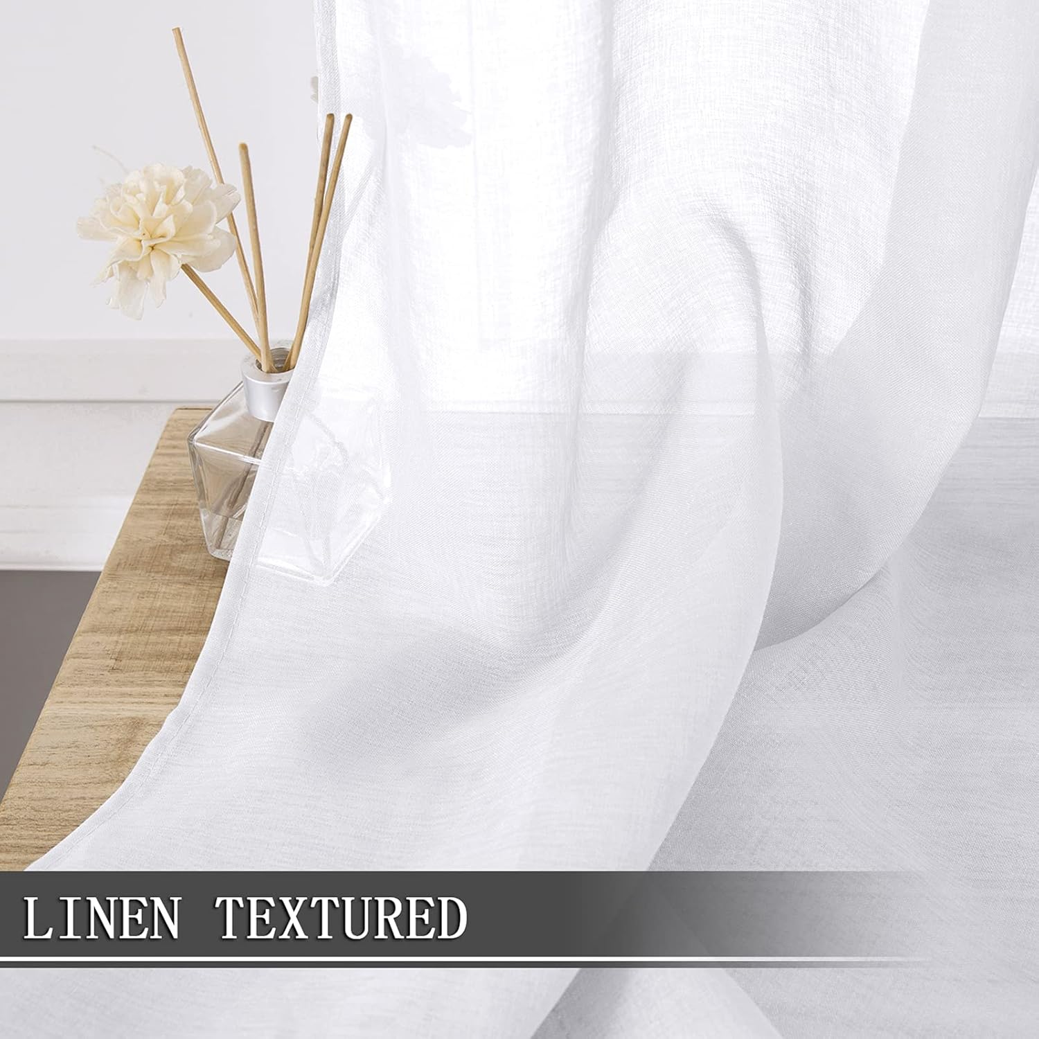 Tollpiz Short Sheer Curtains Linen Textured Bedroom Curtain Sheers Light Filtering Rod Pocket Voile Curtains for Living Room, 54 x 45 inches Long, White, Set of 2 Panels