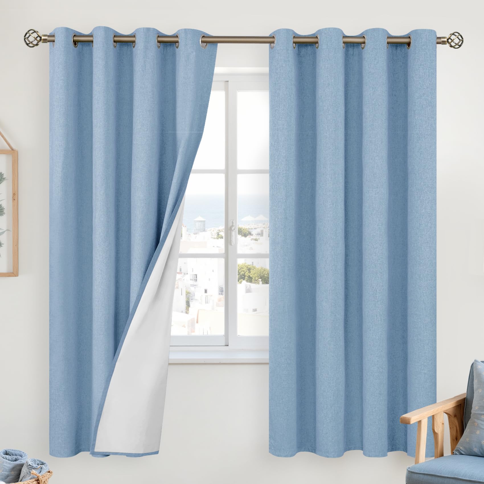 YoungsTex Linen Blackout Curtains 63 Inches Long for Bedroom, Room Darkening Window Drapes with Grommet Thermal Insulated Black Out for Living Room, 2 Panels, 52 X 63 Inch