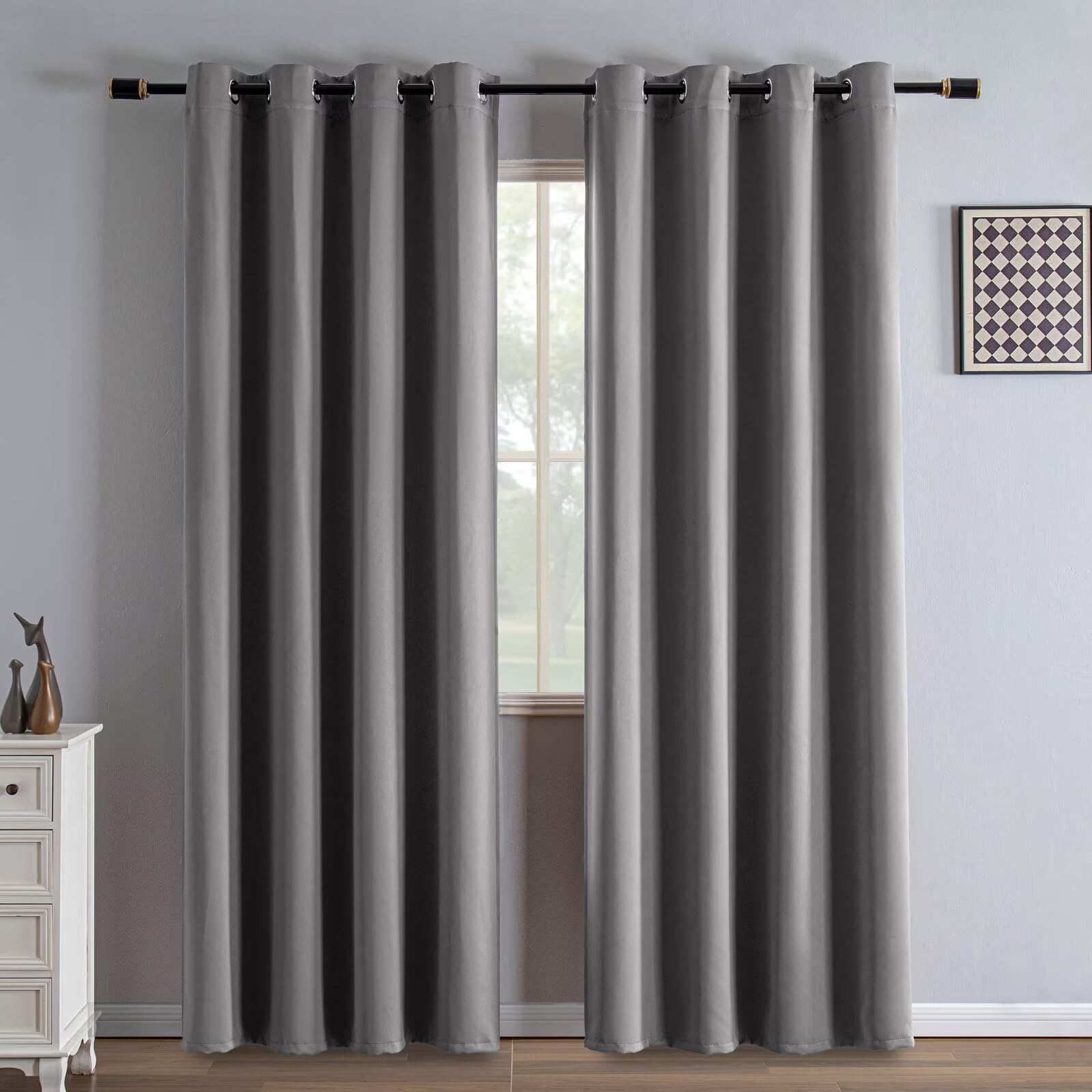 IGEMAEVE Black 100% Blackout Curtains 84 Inch Length 2 Panels Set, Black Out Curtains for Bedroom 84 Inch Long, Rod Pocket Energy Saving Room Darkening Drapes for Living Room Dining Room Window
