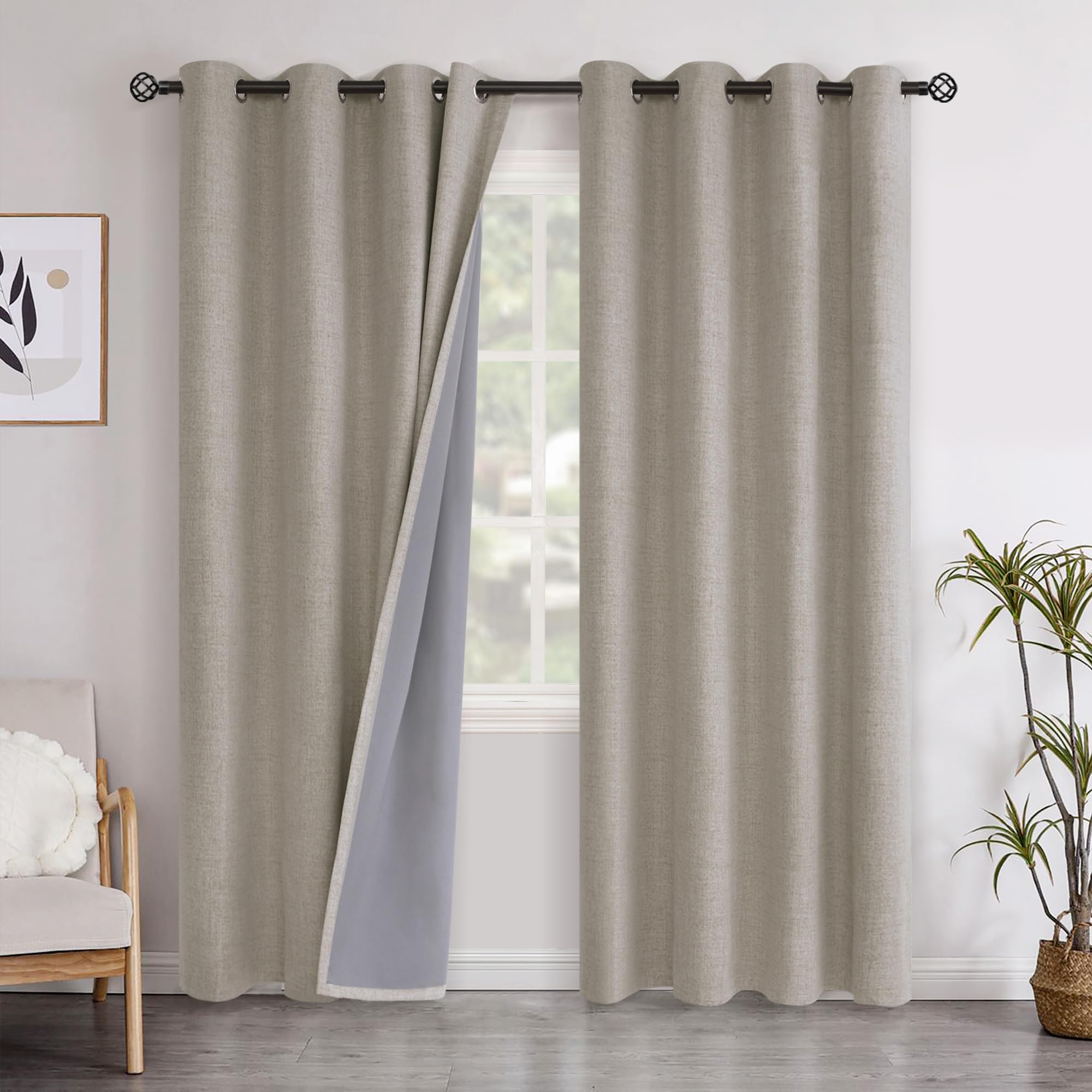 YoungsTex Linen Blackout Curtains 63 Inch Length for Bedroom, Room Darkening Window Drapes with Grommet Thermal Insulated Black Out Blinds for Living Room, 2 Panels, 52 X 63 Inch, Beige