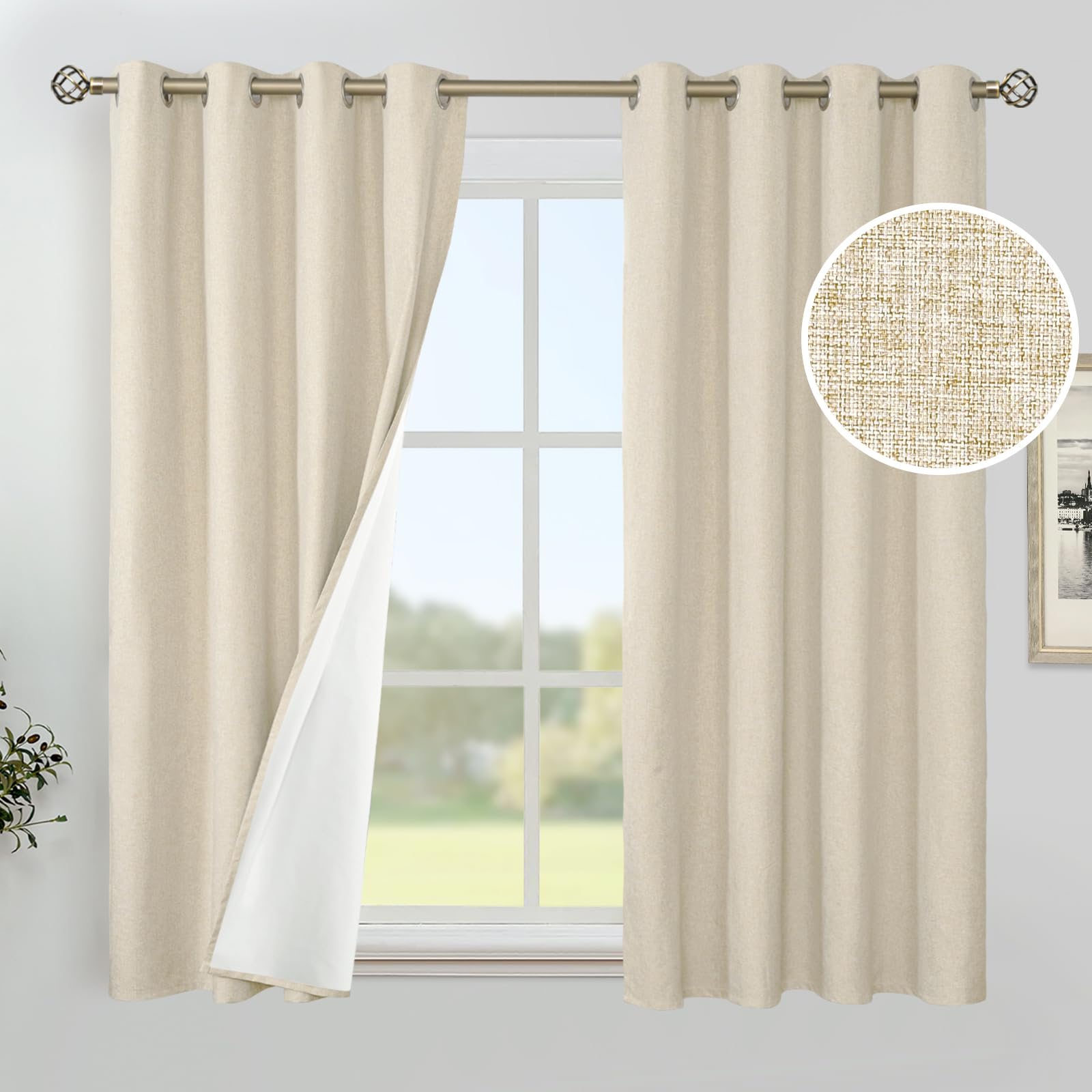 YoungsTex Linen Blackout Curtains 63 Inches Long for Bedroom, Room Darkening Window Drapes with Grommet Thermal Insulated Black Out for Living Room, 2 Panels, 52 X 63 Inch