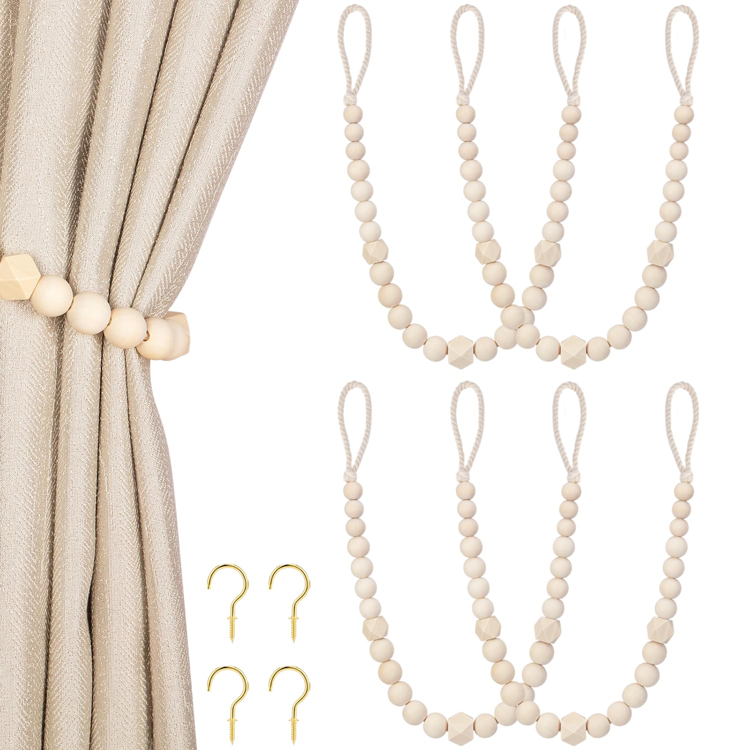 Wood Bead Curtain Tiebacks, KLOGTSIND Set of 2 Curtain Holdbacks for Thin or Thick Window Draperies, Boho Farmhouse Curtain Tiebacks with Hooks, Curtain Tie Backs for Home Office Room Decor