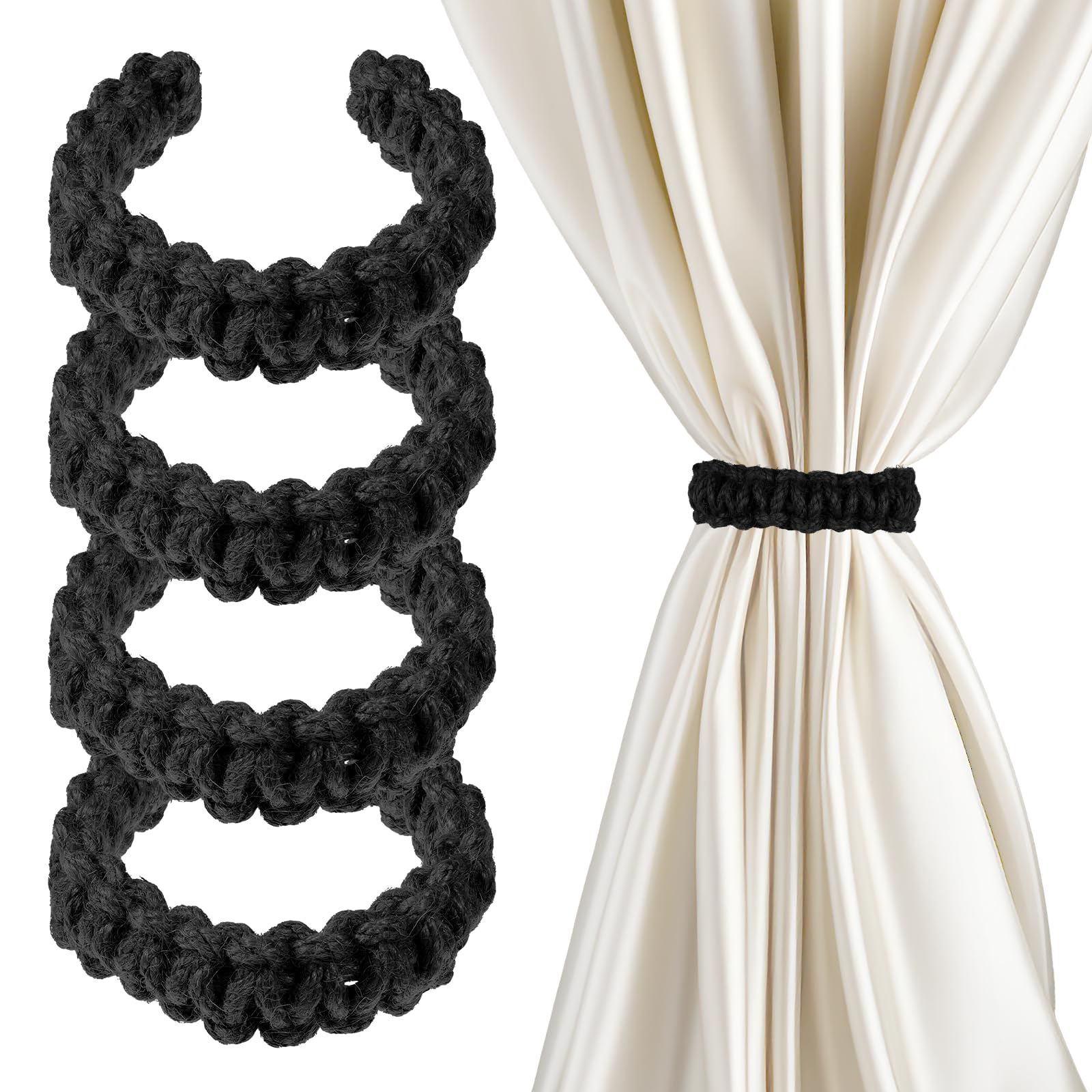 Ptwola 4 Pack Braided Curtain Tiebacks Boho Elegant Rustic Curtain Holdbacks Tie Backs Holders Set Simple Light Weight Drapes Decorative Accessories Handmade for Home Office Bedroom Window (4, Linen)