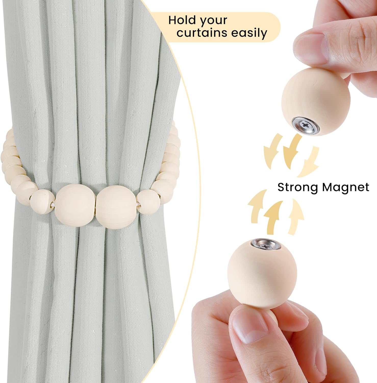 Magnetic Curtain Tiebacks, 2 Pack Curtain Holdbacks for Draperies, Wood Bead Curtain Tiebacks, Elegant Curtain Tie Backs for Bedroom Decor, Boho Room Decor, Nursery Decor, Farmhouse Decor