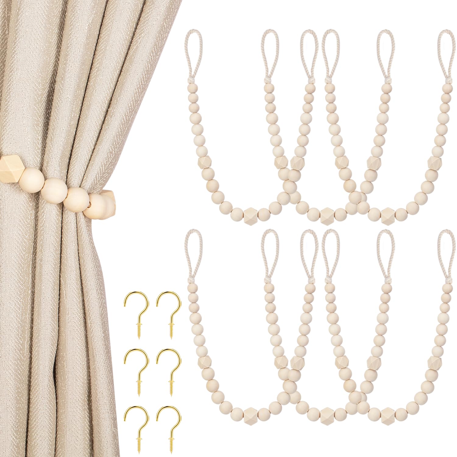 Wood Bead Curtain Tiebacks, KLOGTSIND Set of 2 Curtain Holdbacks for Thin or Thick Window Draperies, Boho Farmhouse Curtain Tiebacks with Hooks, Curtain Tie Backs for Home Office Room Decor