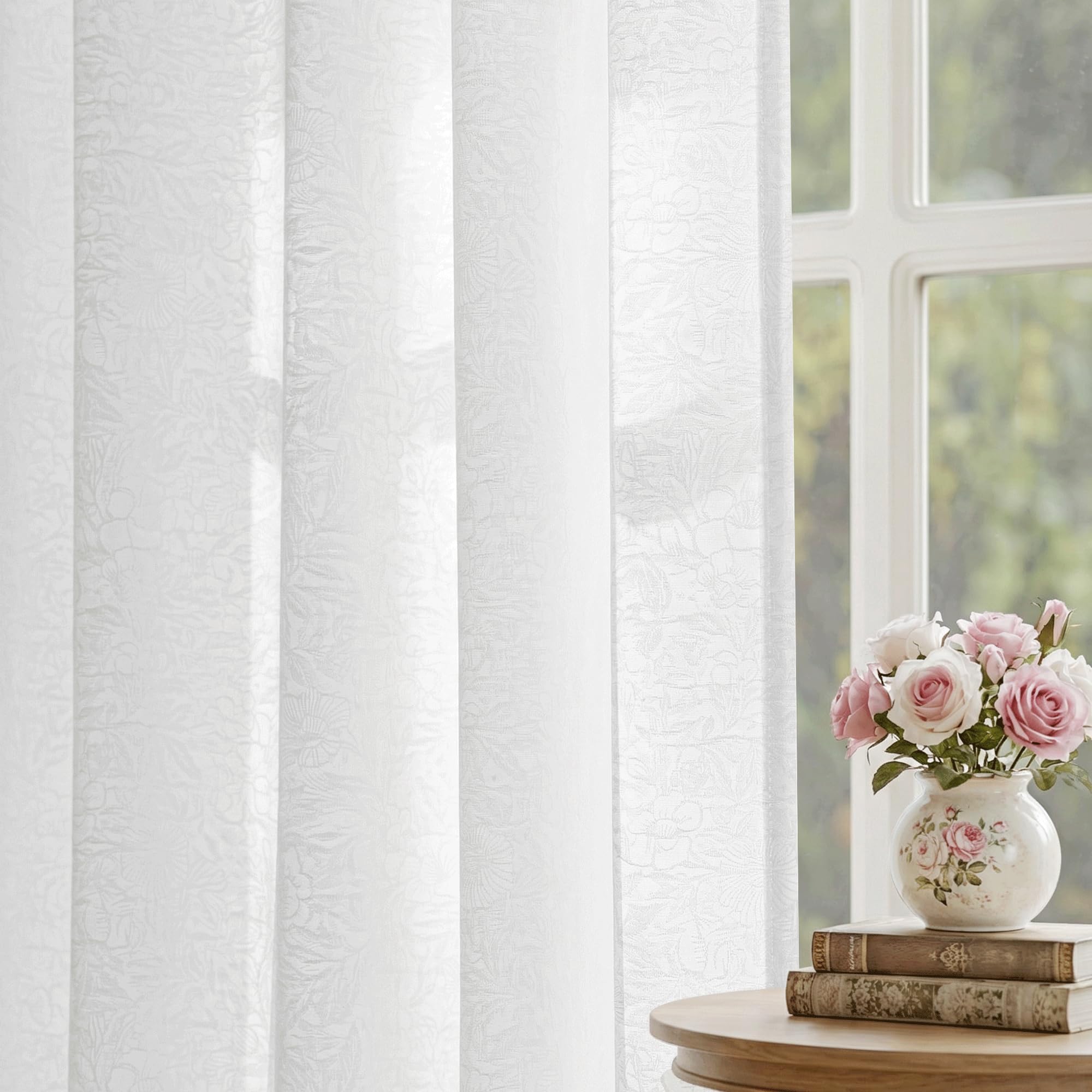 Beauoop Beige Semi Sheer Curtains 84 Inches Long for Living Room, Floral Jacquard Voile Light Filtering Privacy Curtains for Bedroom Dining Room Flower Textured Rod Pocket Window Drapes, 2 Panels