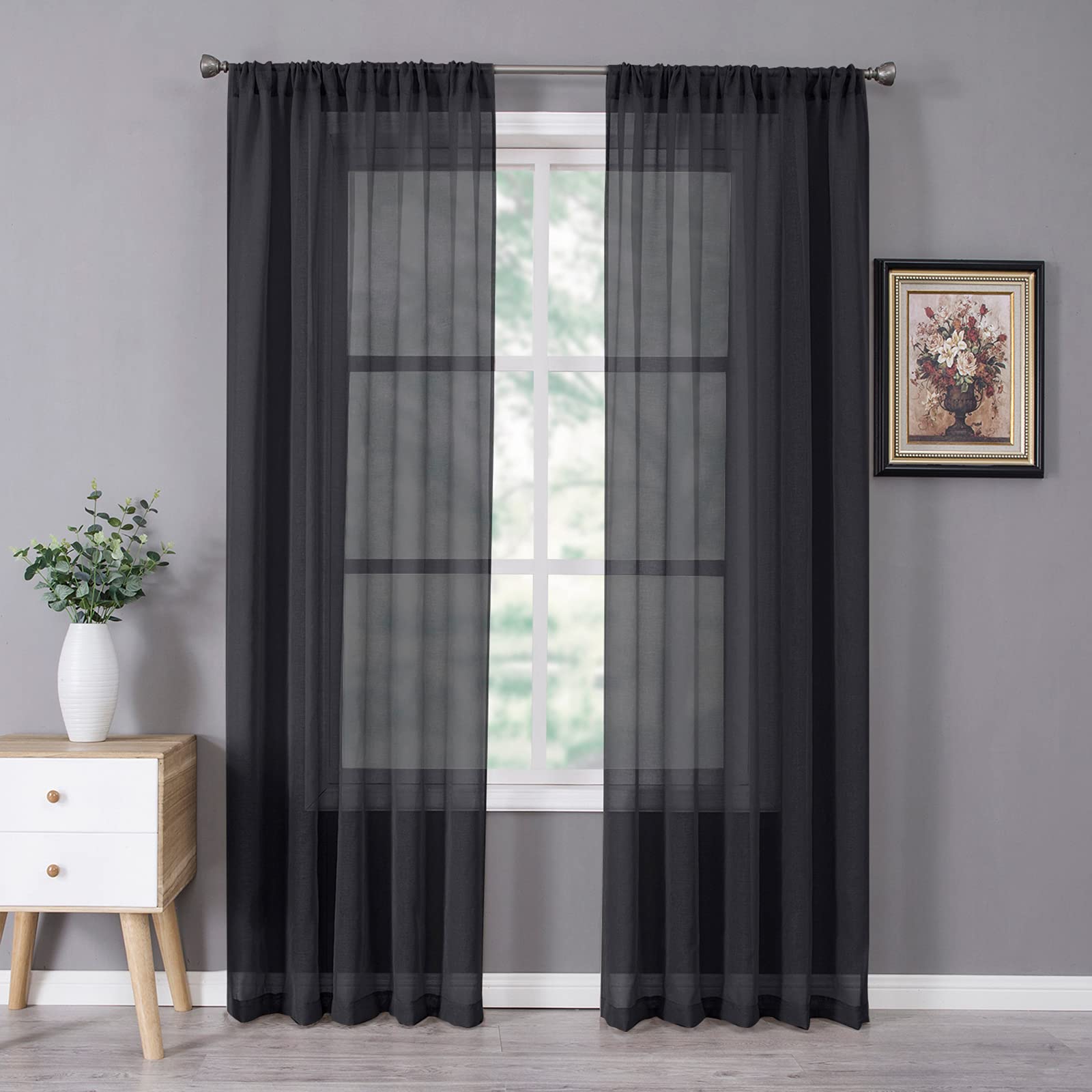 Tollpiz Short Sheer Curtains Linen Textured Bedroom Curtain Sheers Light Filtering Rod Pocket Voile Curtains for Living Room, 54 x 45 inches Long, White, Set of 2 Panels