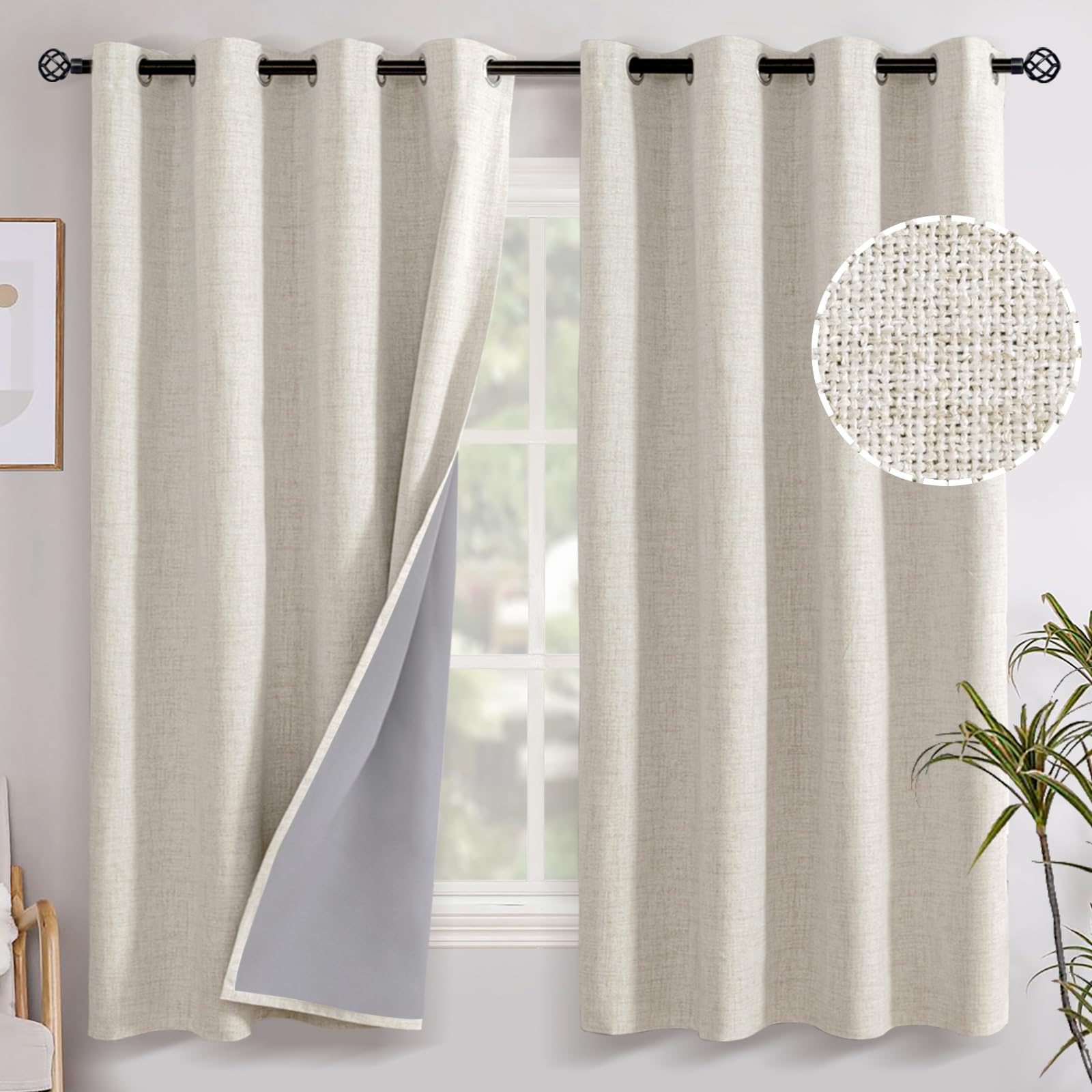 YoungsTex Linen Blackout Curtains 63 Inch Length for Bedroom, Room Darkening Window Drapes with Grommet Thermal Insulated Black Out Blinds for Living Room, 2 Panels, 52 X 63 Inch, Beige