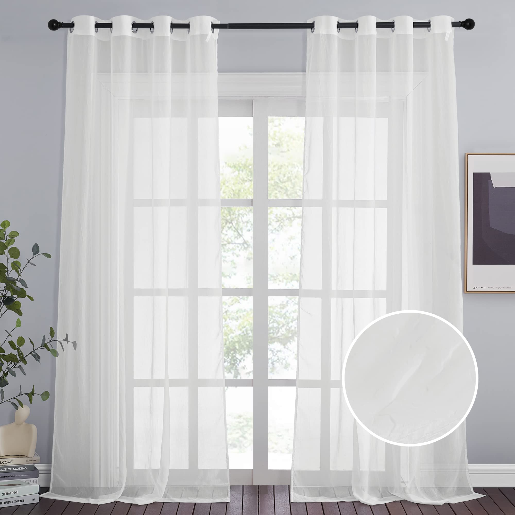 NICETOWN Crushed Voile Sheer Curtains for Big Windows, Grommet Top Crinkled Sheer Voile Window Treatment Light and Airy Drapes for Parlor/Porch (Set of 2, 52" Width x 95" Length, White)