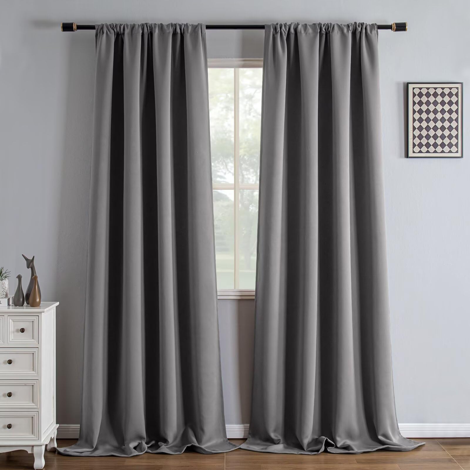 IGEMAEVE Black 100% Blackout Curtains 84 Inch Length 2 Panels Set, Black Out Curtains for Bedroom 84 Inch Long, Rod Pocket Energy Saving Room Darkening Drapes for Living Room Dining Room Window