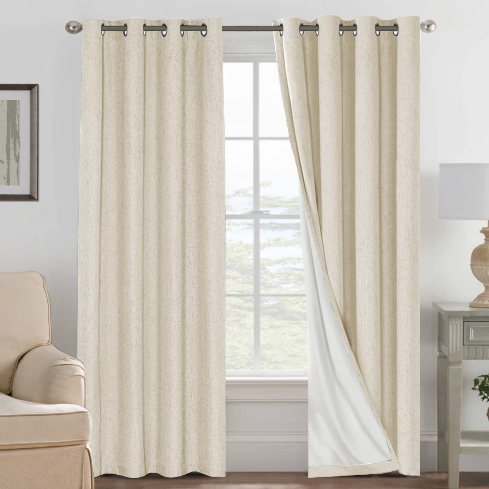 H.VERSAILTEX 100% Blackout Curtains Ivory, Linen Blackout Curtains 96 inch Curtains 2 Panel Set, Elegant Curtain for Bedroom Grommet Drapes for Living Room