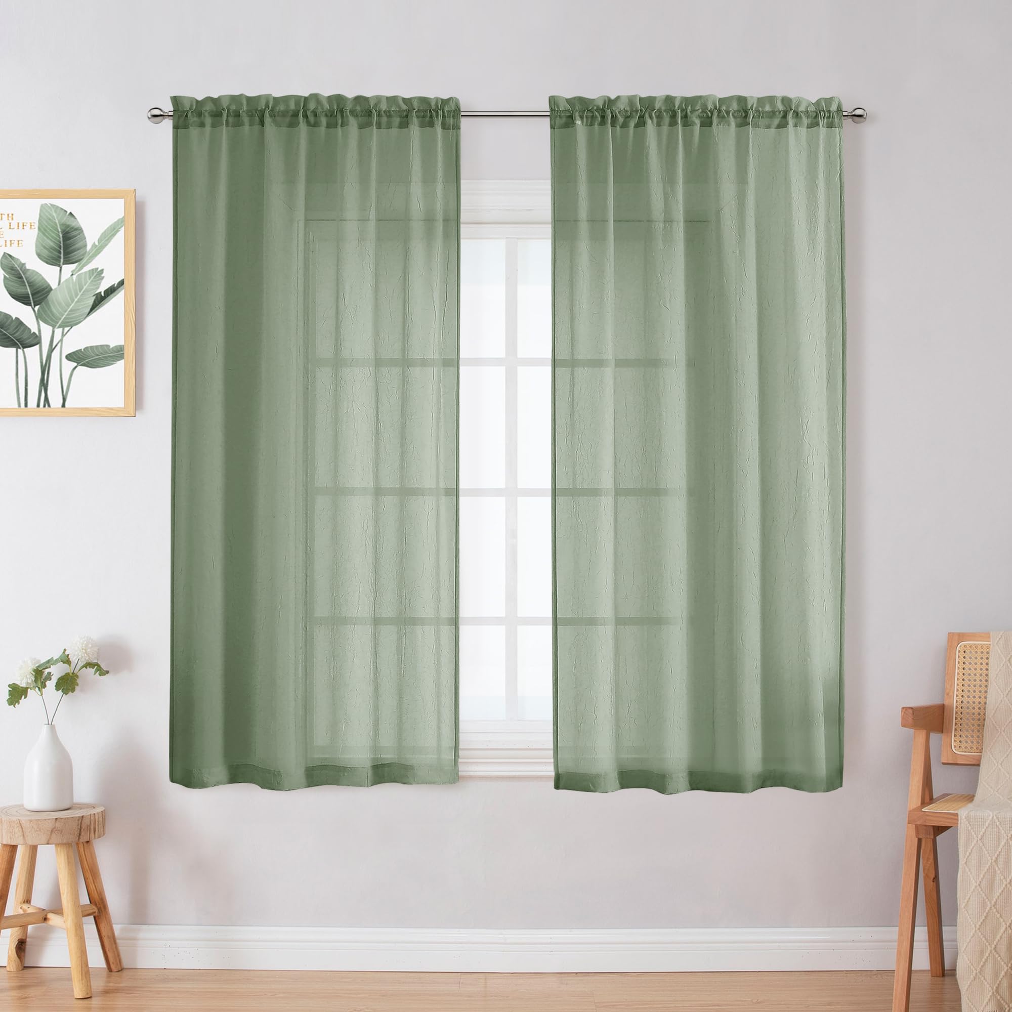 Chyhomenyc Crushed Sheer White Curtains 84 Inch Length 2 Panels, Light Filtering Solid Crinkle Voile Lightweight Textured Sheer Curtian for Bedroom, Each 42Wx84L Inches
