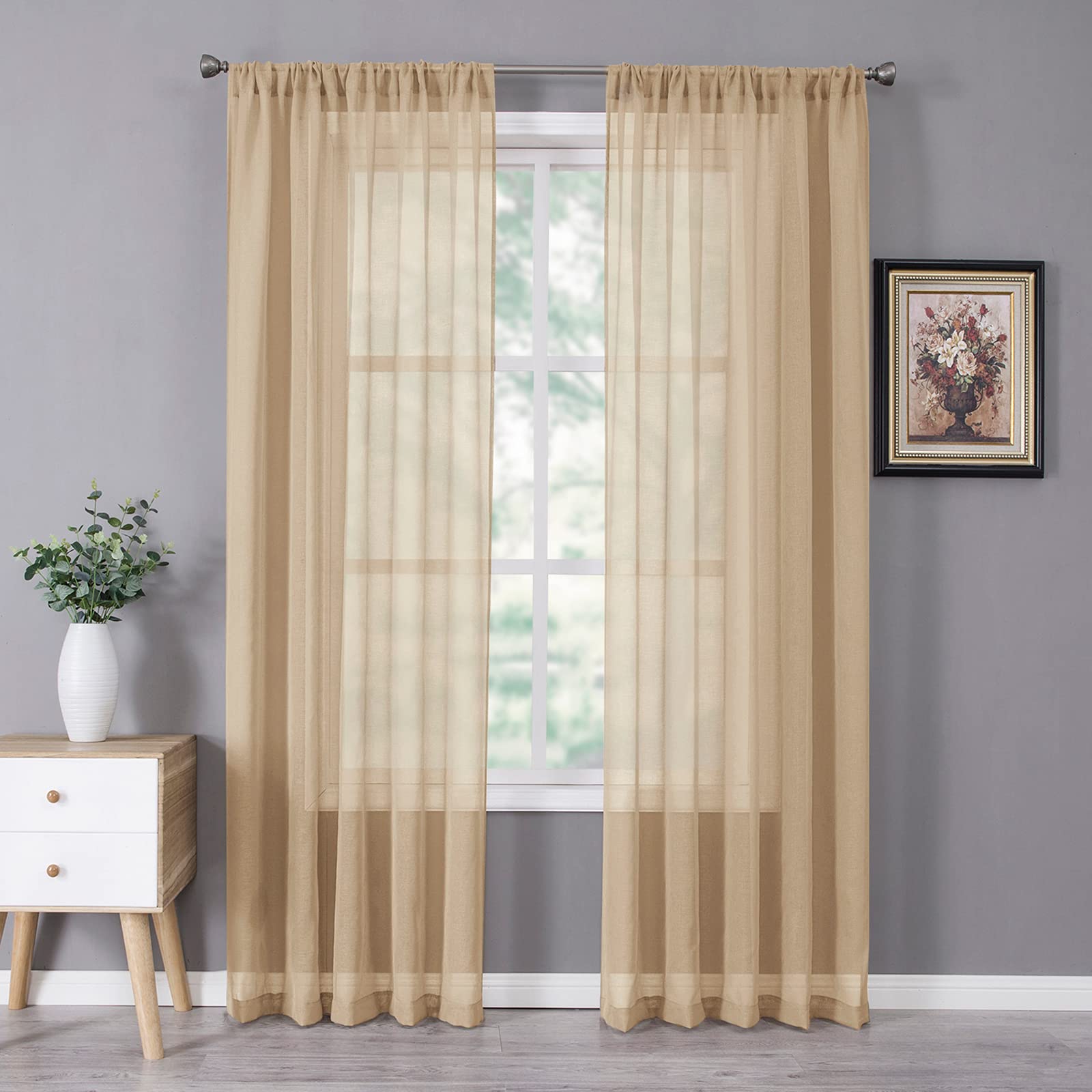 Tollpiz Short Sheer Curtains Linen Textured Bedroom Curtain Sheers Light Filtering Rod Pocket Voile Curtains for Living Room, 54 x 45 inches Long, White, Set of 2 Panels