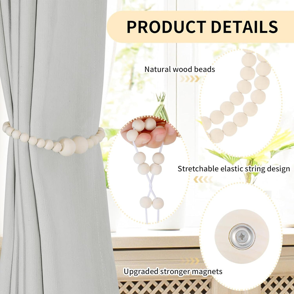 Magnetic Curtain Tiebacks, 2 Pack Curtain Holdbacks for Draperies, Wood Bead Curtain Tiebacks, Elegant Curtain Tie Backs for Bedroom Decor, Boho Room Decor, Nursery Decor, Farmhouse Decor
