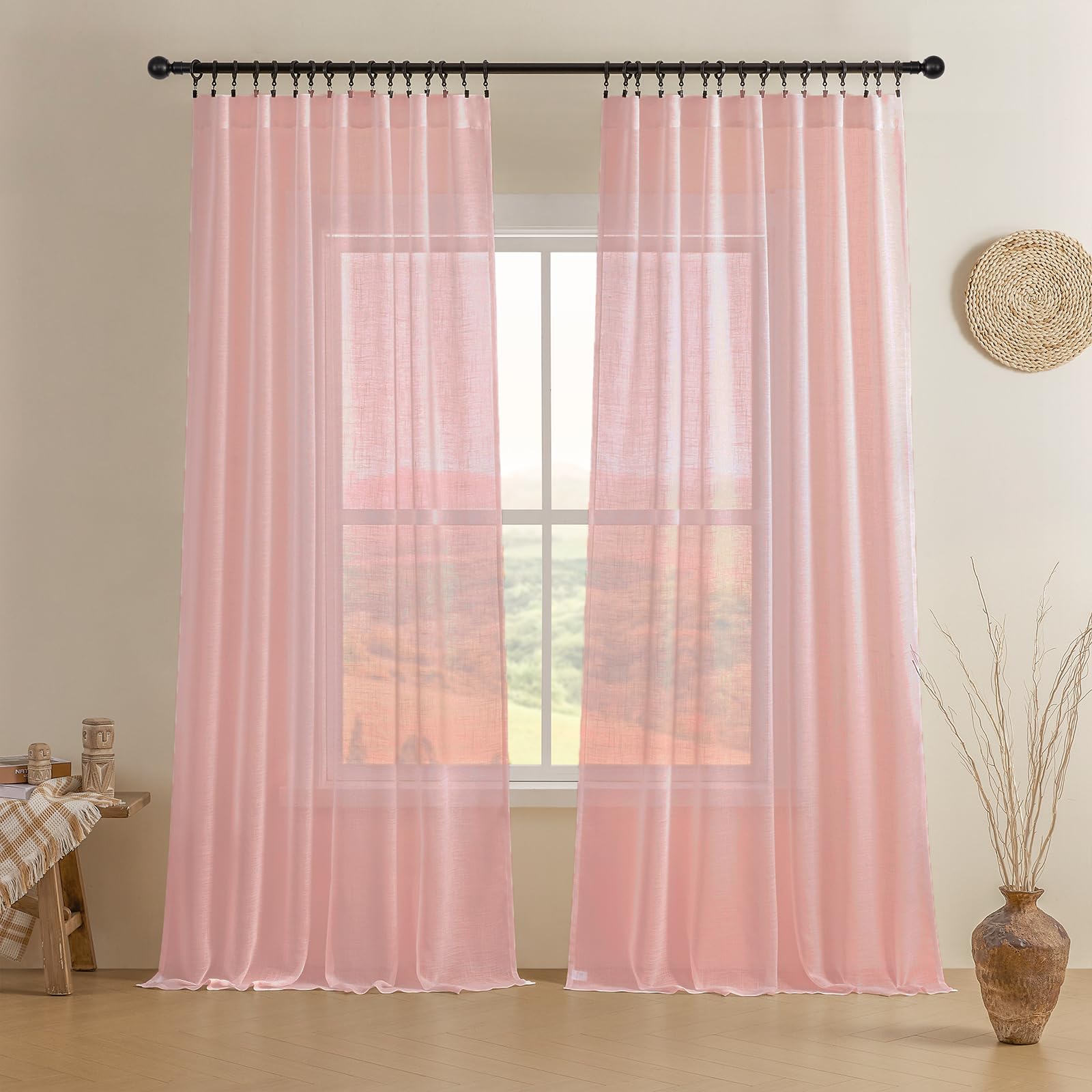 Joydeco Curtains, 108 Inches Long, 2 Panels Set, Farmhouse Drapes for Living Room, Semi-Blackout, Linen-Polyester, Ivory on Linen, Rod Pocket