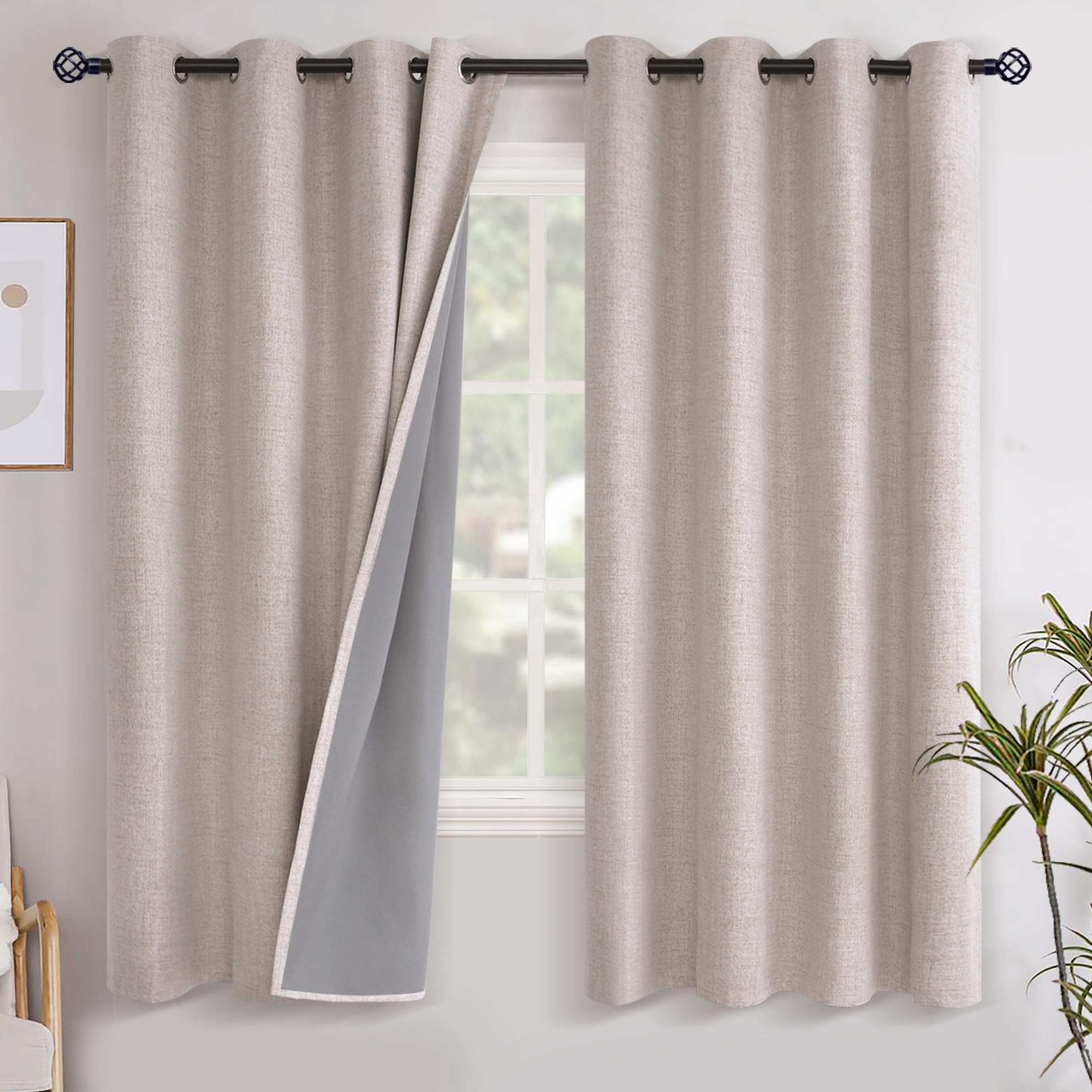 YoungsTex Linen Blackout Curtains 63 Inch Length for Bedroom, Room Darkening Window Drapes with Grommet Thermal Insulated Black Out Blinds for Living Room, 2 Panels, 52 X 63 Inch, Beige