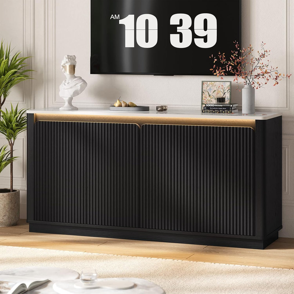 ONBRILL 61" Fluted Buffet Cabinet with Faux Marble Top and LED Light, Curved Sideboard Cabinet with Storage, Coffee Bar with 4 Doors and 2 Adjustable Shelves for Living Room, Kitchen, Entryway (Black)