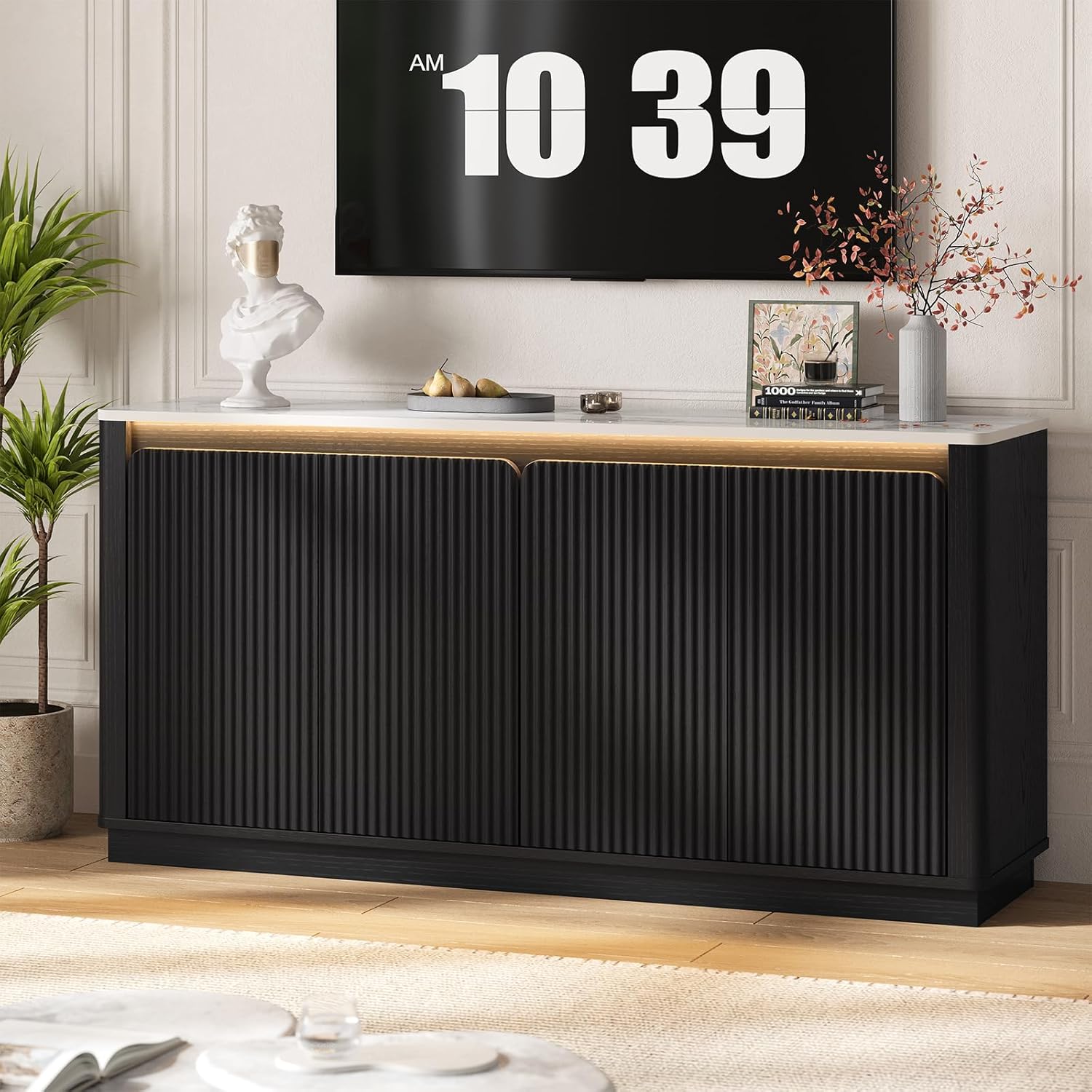 ONBRILL 61" Fluted Buffet Cabinet with Faux Marble Top and LED Light, Curved Sideboard Cabinet with Storage, Coffee Bar with 4 Doors and 2 Adjustable Shelves for Living Room, Kitchen, Entryway (Black)