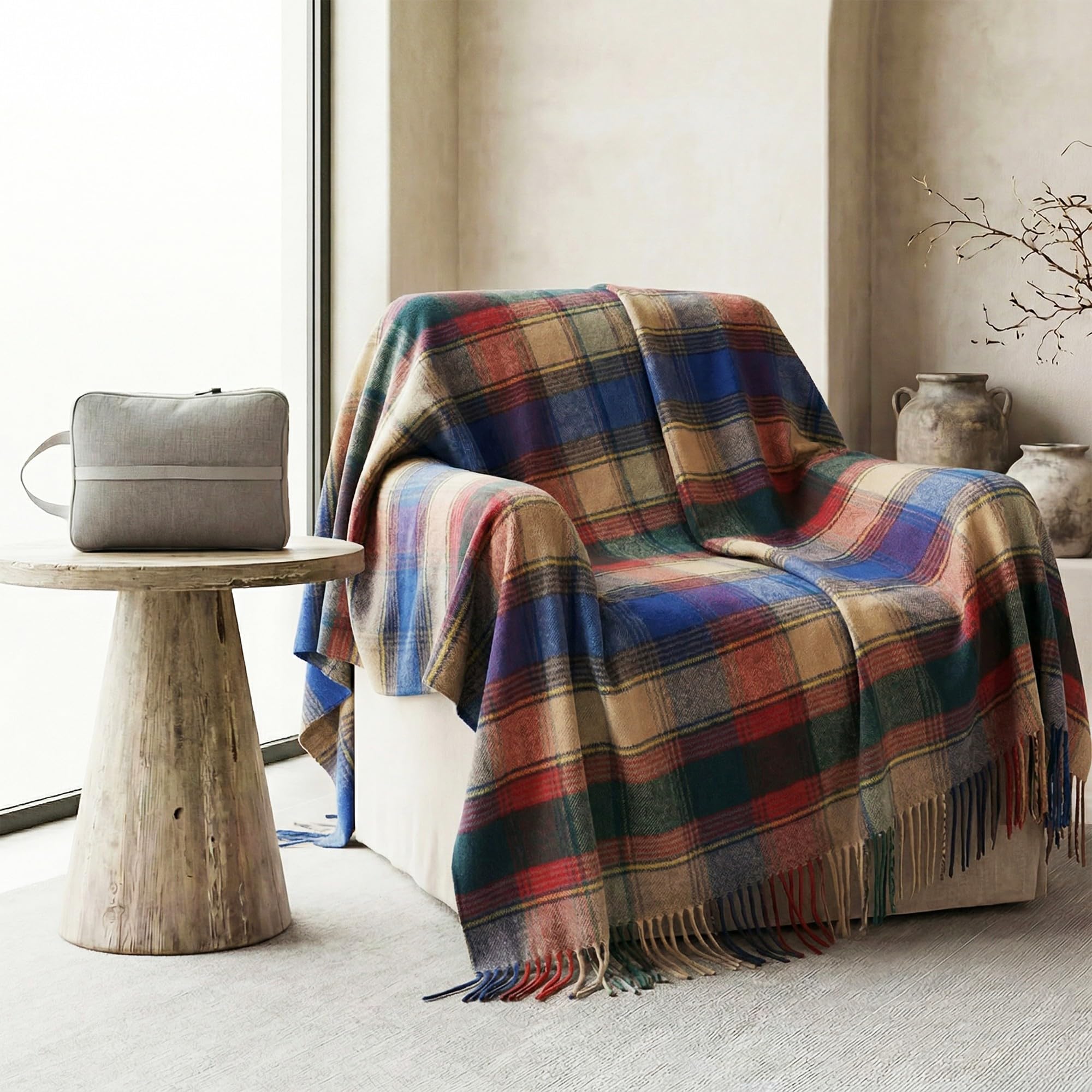 Soft Pure Wool Throw Blanket, Lightweight Warmth, 55"x83", Plaid, Fringe, Compact with Bag, Useful Gift for Women Men, All Season Decorative Cozy Travel Blanket for Couch Bed, Outdoors
