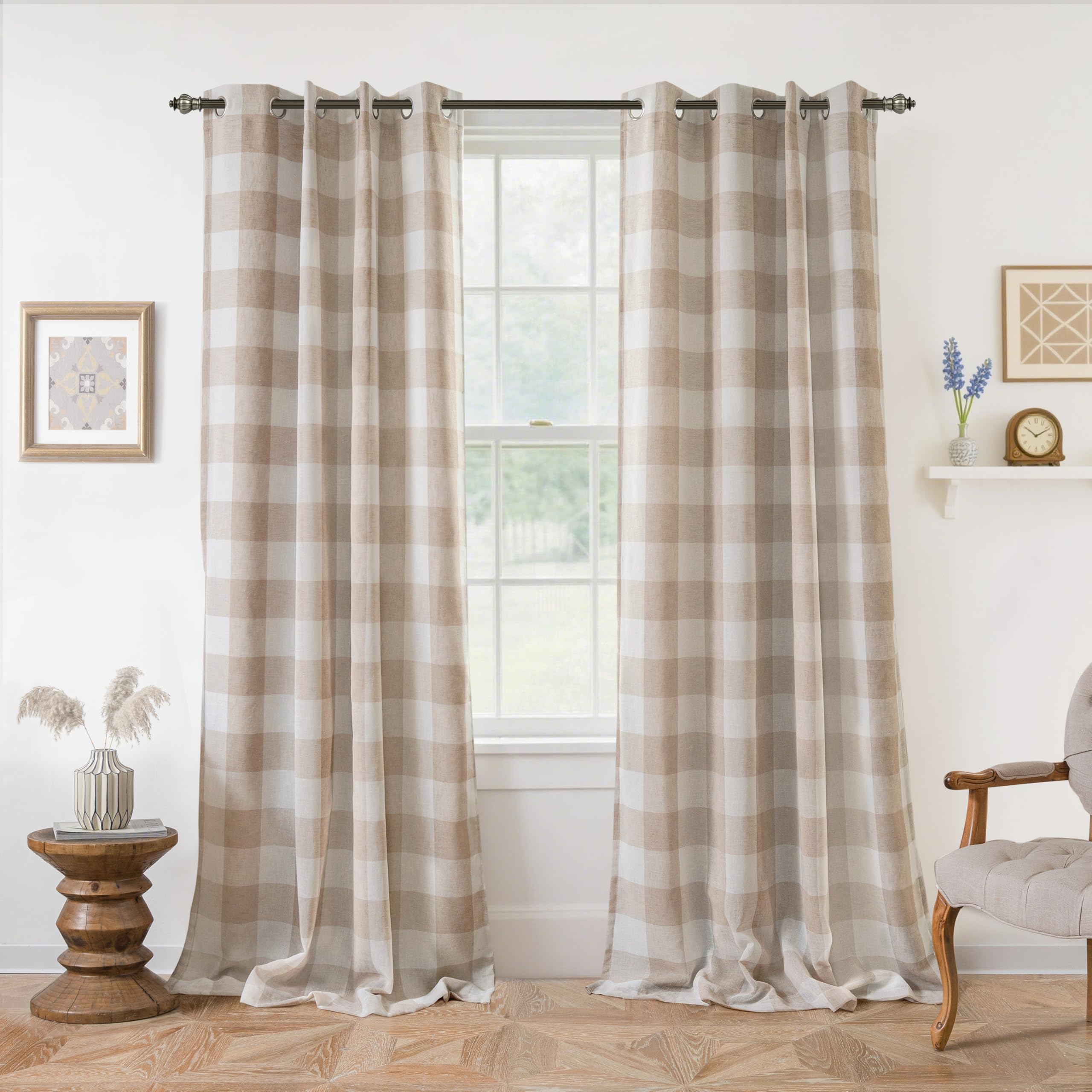 DriftAway Buffalo Plaid Blackout Curtains Linen Textured Farmhouse Double Layer Thermal Insulated Yarn Dyed Woven Checkered Gingham Grommet Drapes for Living Room 2 Panels Each 52W x 84L Taupe