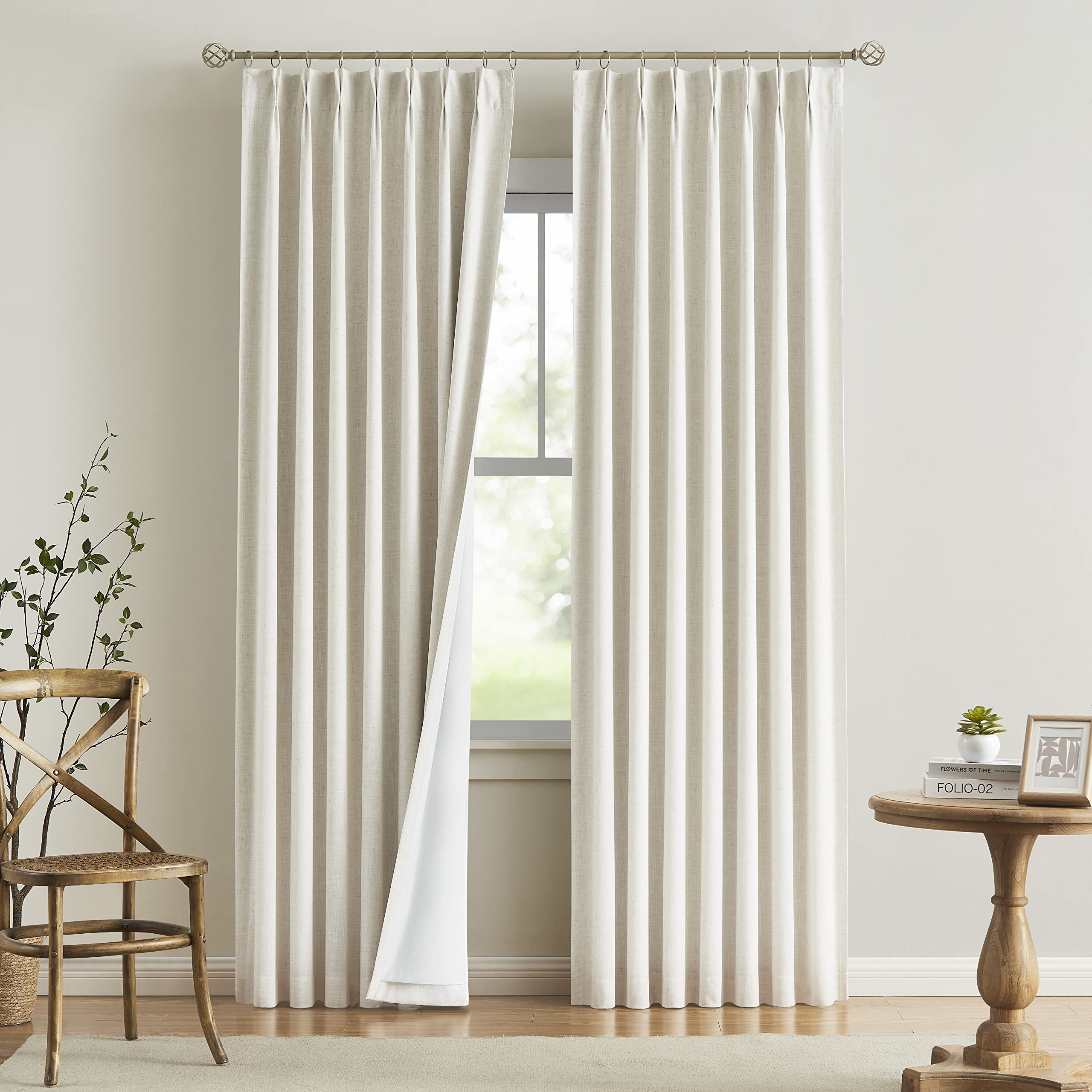 Vision Home Natural Pinch Pleated Full Blackout Curtains Linen Blended Room Darkening Window Curtains 90 inch for Living Room Bedroom Thermal Insulated Pinch Pleat Drapes with Hooks 2 Panel 40"Wx90"L