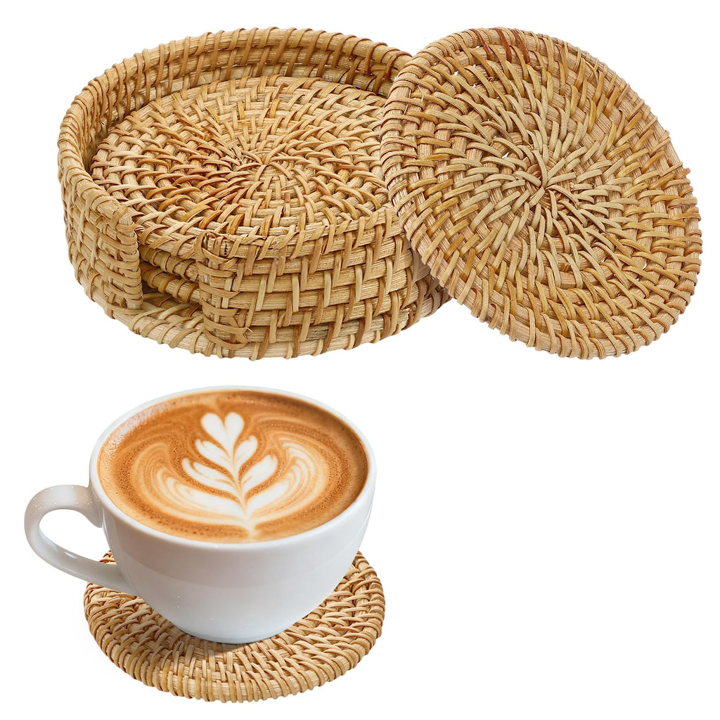 6pcs Natural Handmade Rattan Coasters with Holder - Wicker Drink Coasters Set, Housewarming Gifts Boho Summer Home Coastal Decor