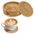 6pcs Natural Handmade Rattan Coasters with Holder - Wicker Drink Coasters Set, Housewarming Gifts Boho Summer Home Coastal Decor