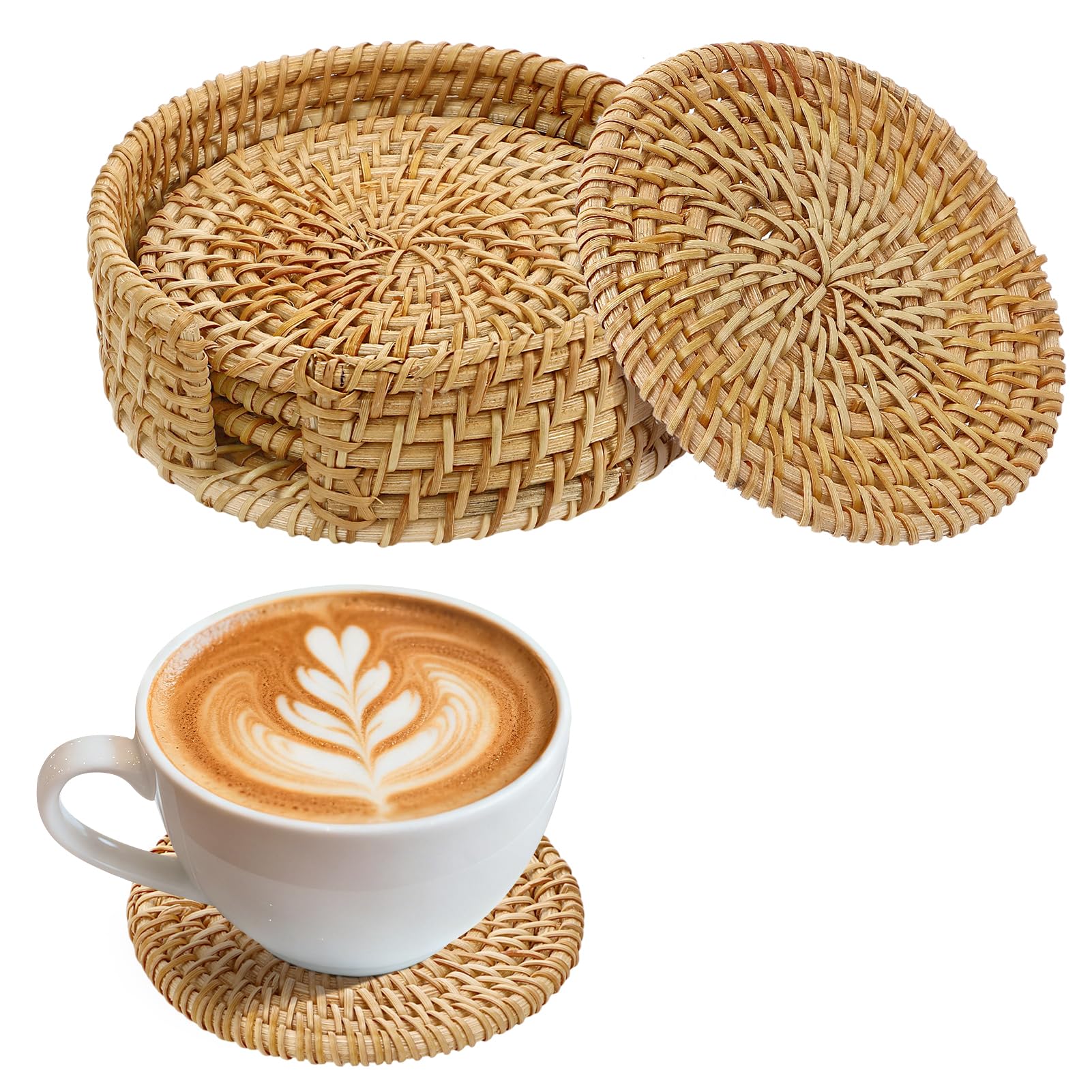 6pcs Natural Handmade Rattan Coasters with Holder - Wicker Drink Coasters Set, Housewarming Gifts Boho Summer Home Coastal Decor