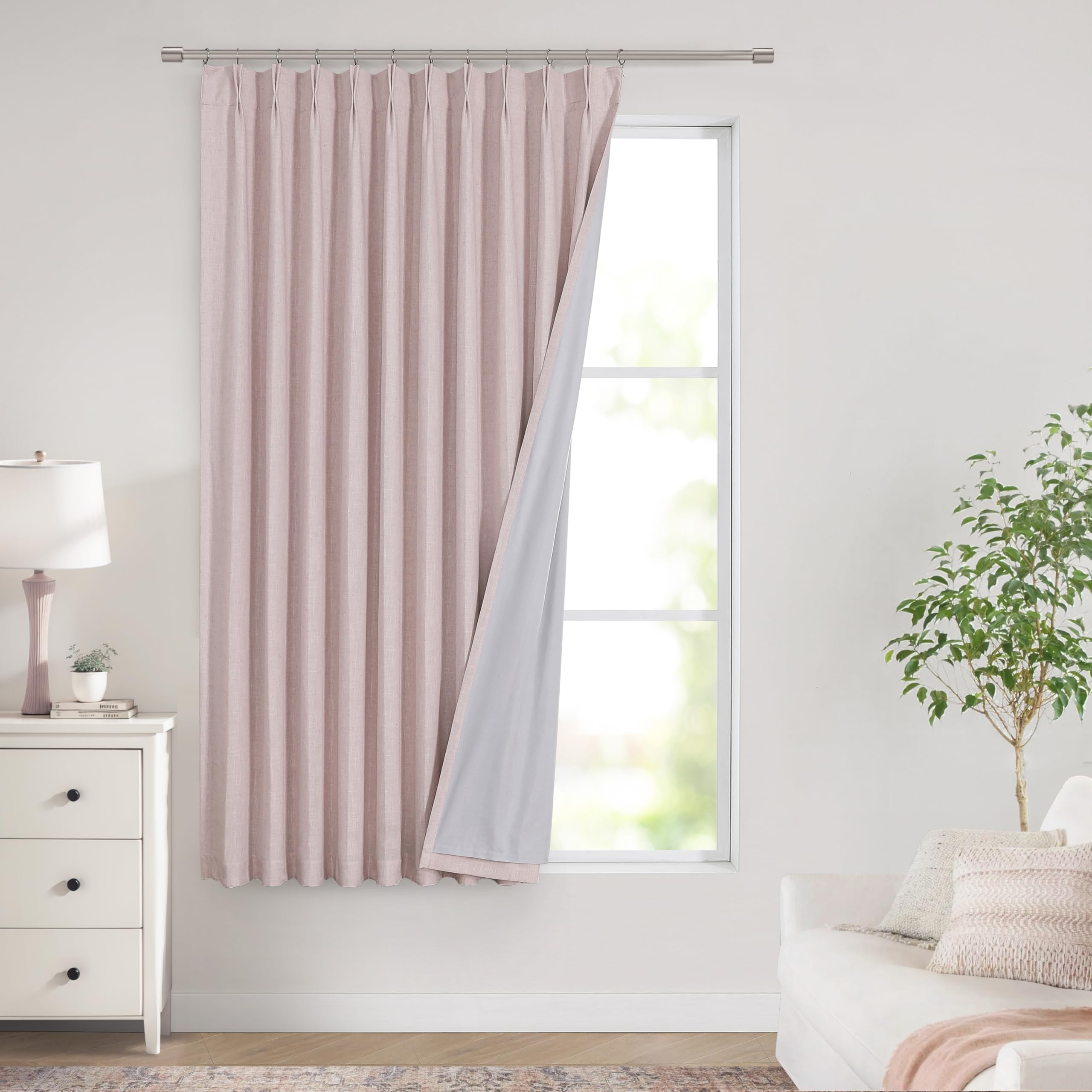 Vision Home Natural Pinch Pleated Full Blackout Curtains Linen Blended Room Darkening Window Curtains 90 inch for Living Room Bedroom Thermal Insulated Pinch Pleat Drapes with Hooks 2 Panel 40"Wx90"L