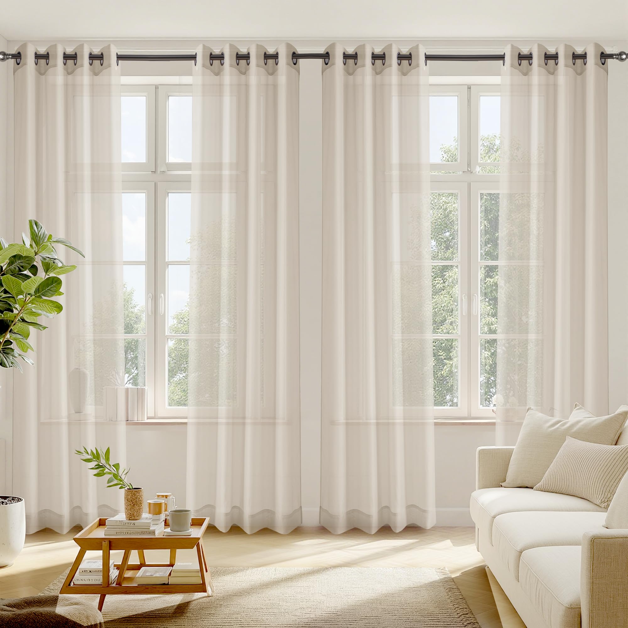 RYB HOME White Sheer Curtains 96 inches Long 4 Panels Set for Living Room, Light Filtering Voile Window Drapes with Grommet for Bedroom, W 54" x L 96"