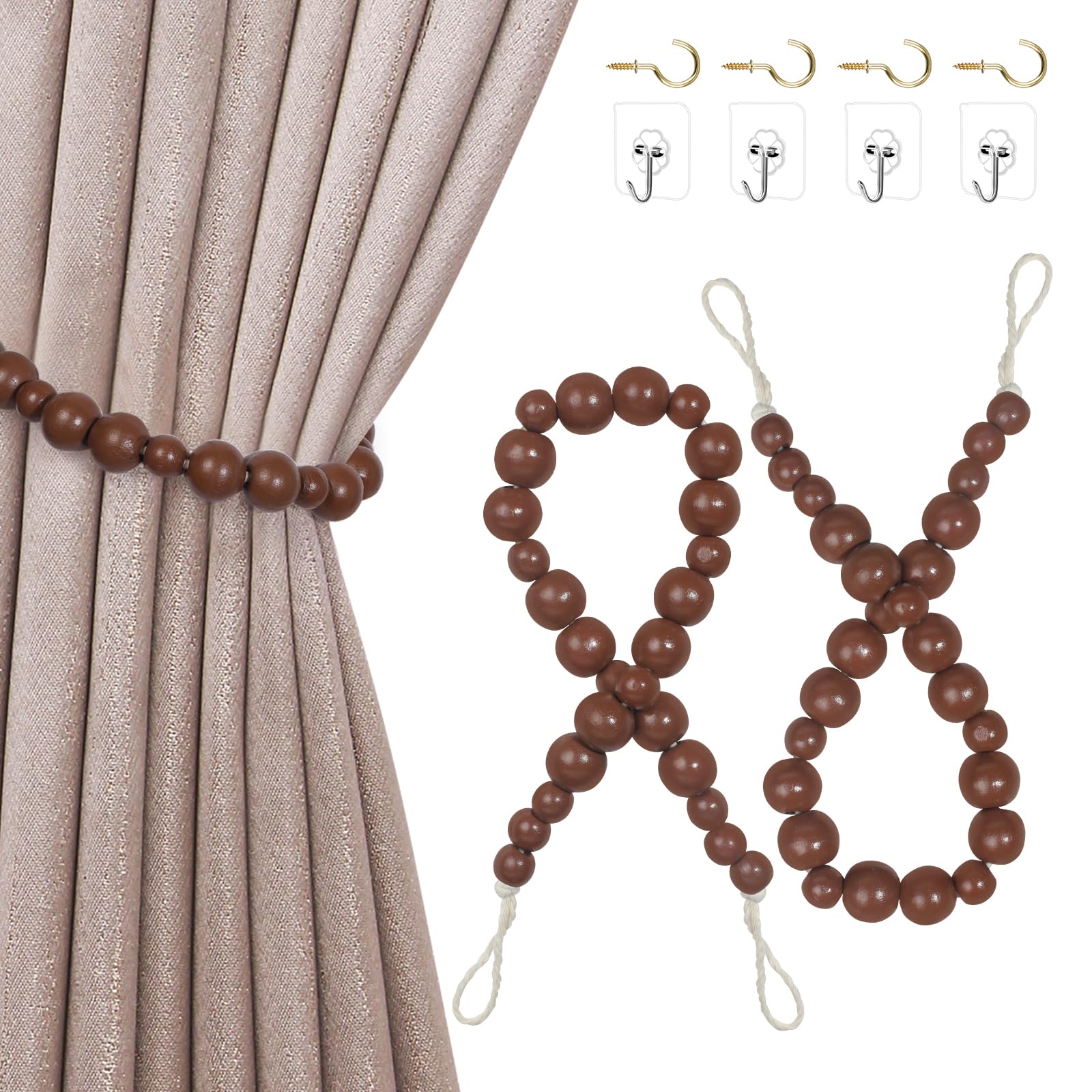 Hion 2 Pcs Boho Curtain Tiebacks,Wood Beads Curtain Holdbacks,Outdoor Farmhouse Tie Backs for Curtains,Curtain Holders for Drapes Home Office Decor with Hooks(Wood Color)