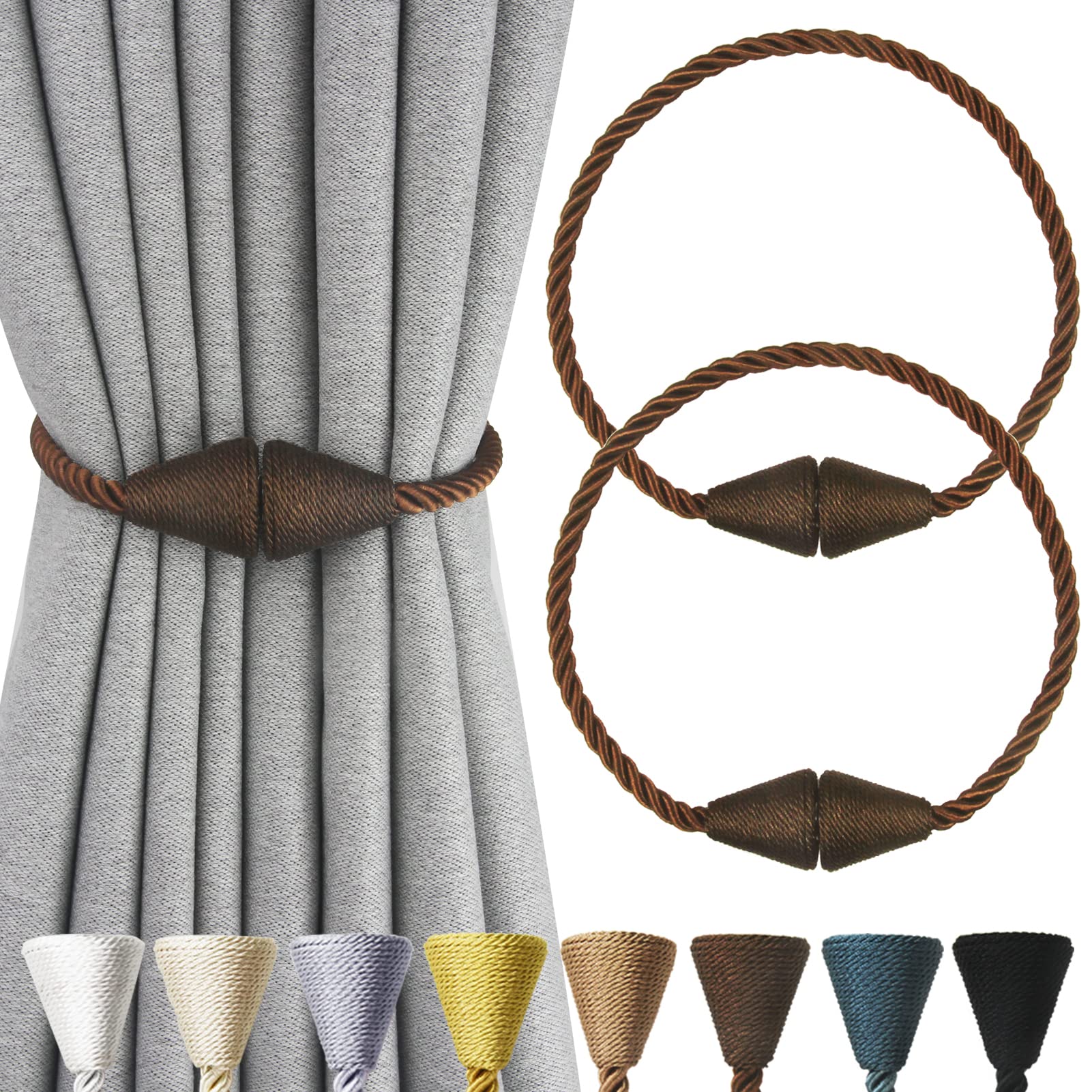 2 Pack Magnetic Curtain Tiebacks Rope Modern Handmade Curtain Tie Backs Decorative Drapes Weave Holdbacks for Window Décor, Khaki